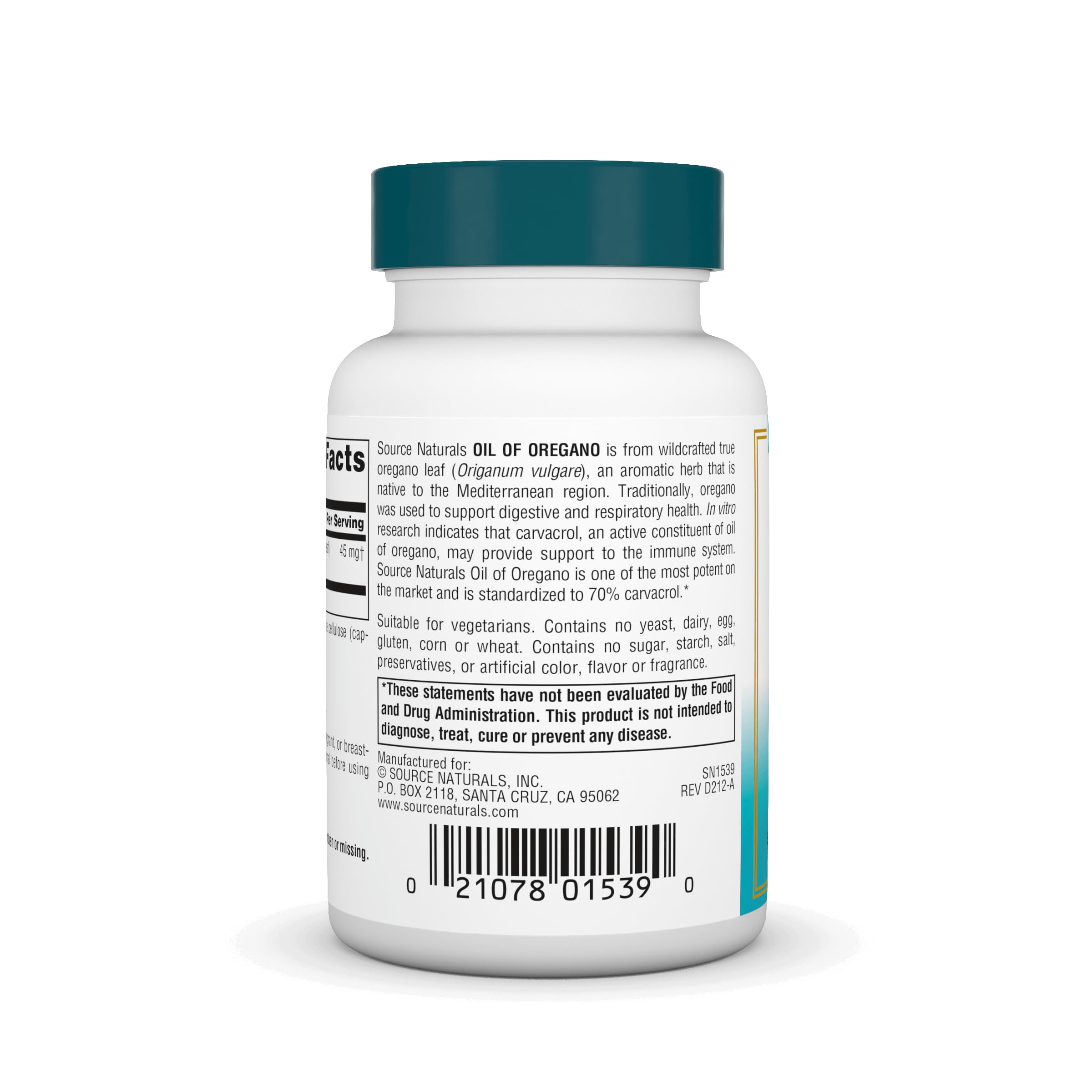 Source Naturals étiquette: informations claires sur la concentration en carvacrol.
