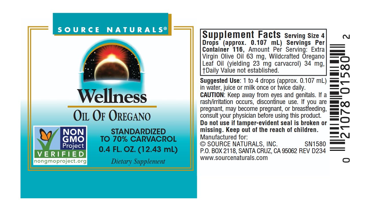 Source Naturals Huile d’Origan – étiquette claire et emballage pratique.