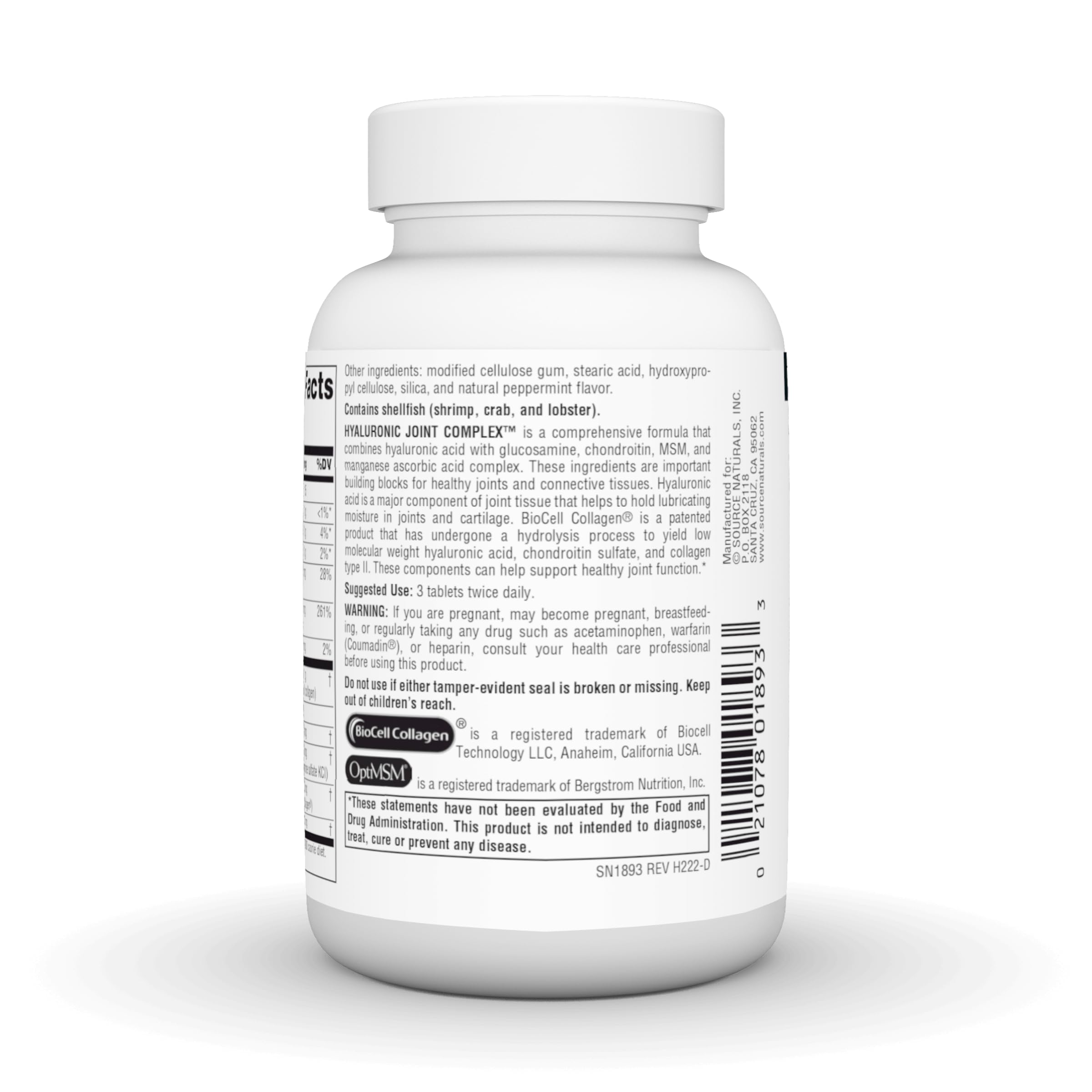 Source Naturals Hyaluronic Joint Complex – étiquette claire décrivant les composants et l’utilisation.