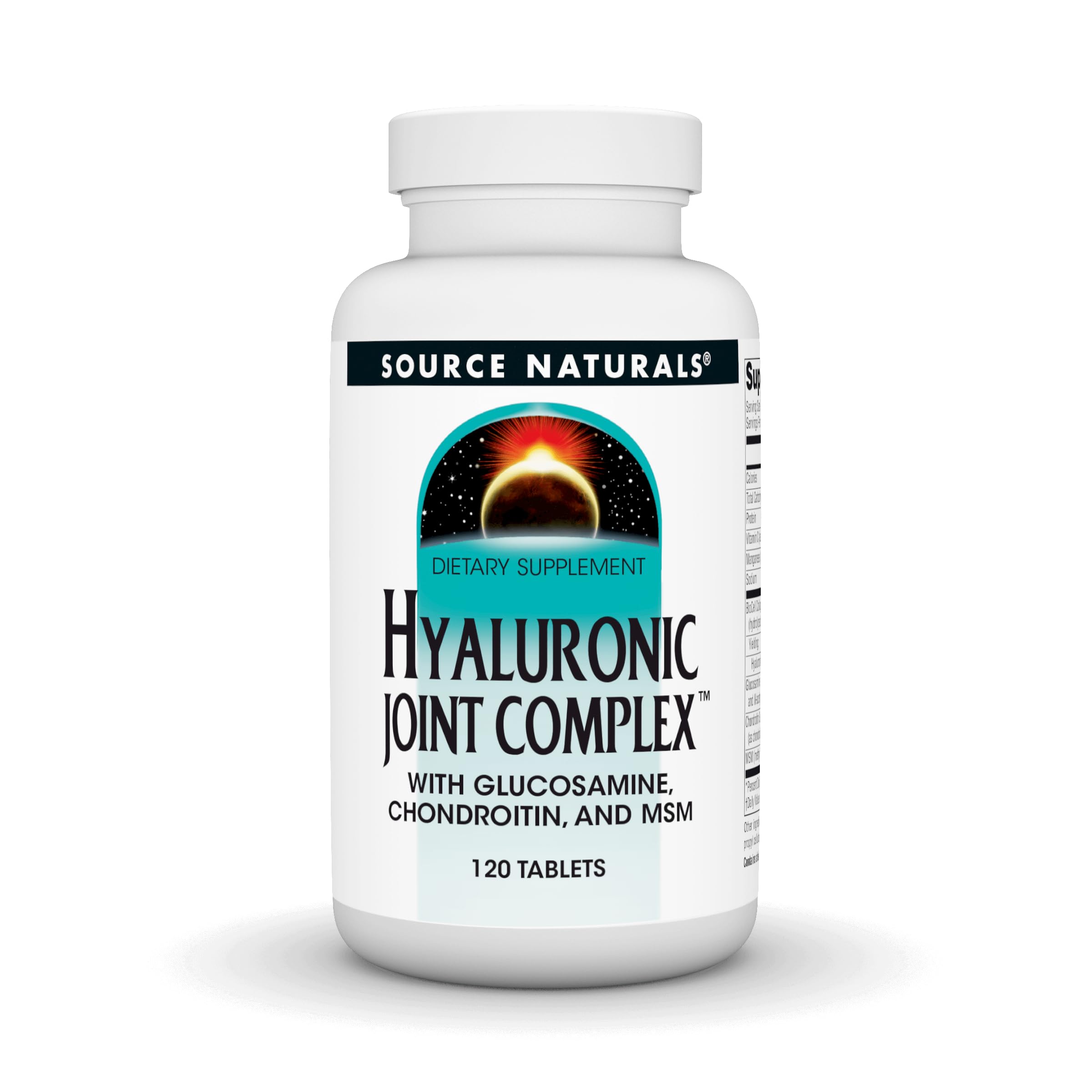 Source Naturals Hyaluronic Joint Complex – flacon et étiquette montrant le soutien potentiel des articulations.