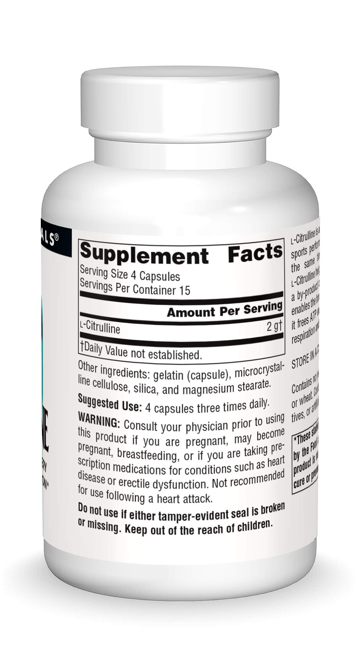 Étiquette Source Naturals L-Citrulline indiquant dosage et utilisation pour récupération.