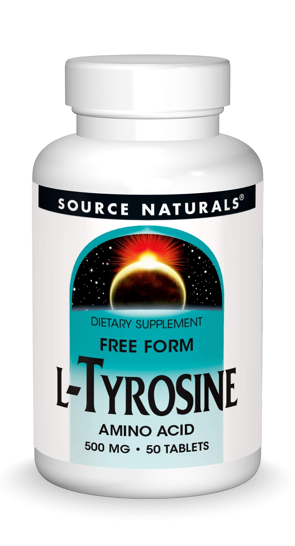 Source Naturals L-Tyrosine bouteille montrant la forme libre traversant rapidement la barrière cérébrale