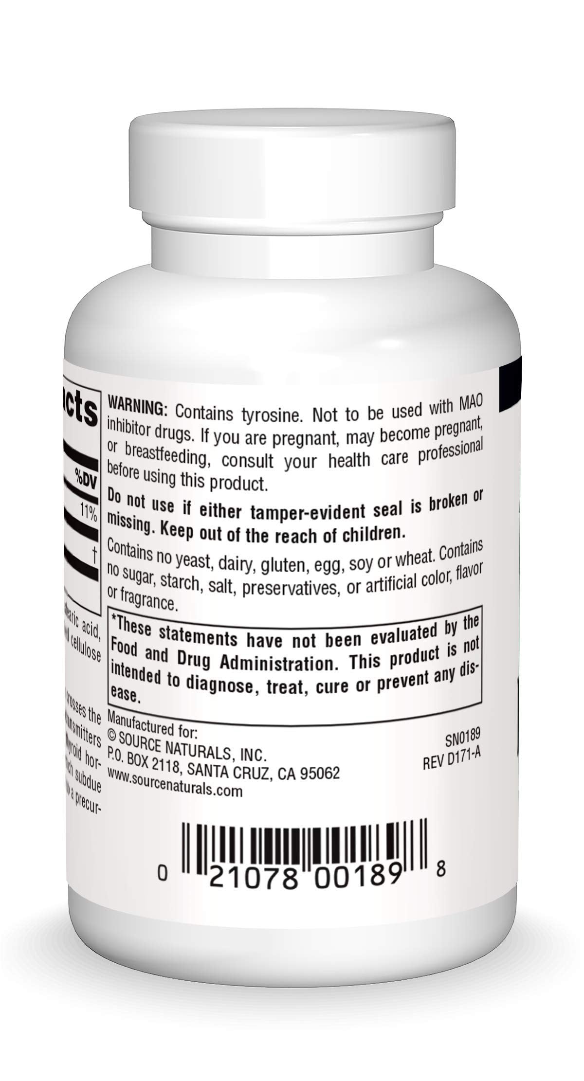 Source Naturals L-Tyrosine comprimés précurseurs des neurotransmetteurs dopamine et adrénaline