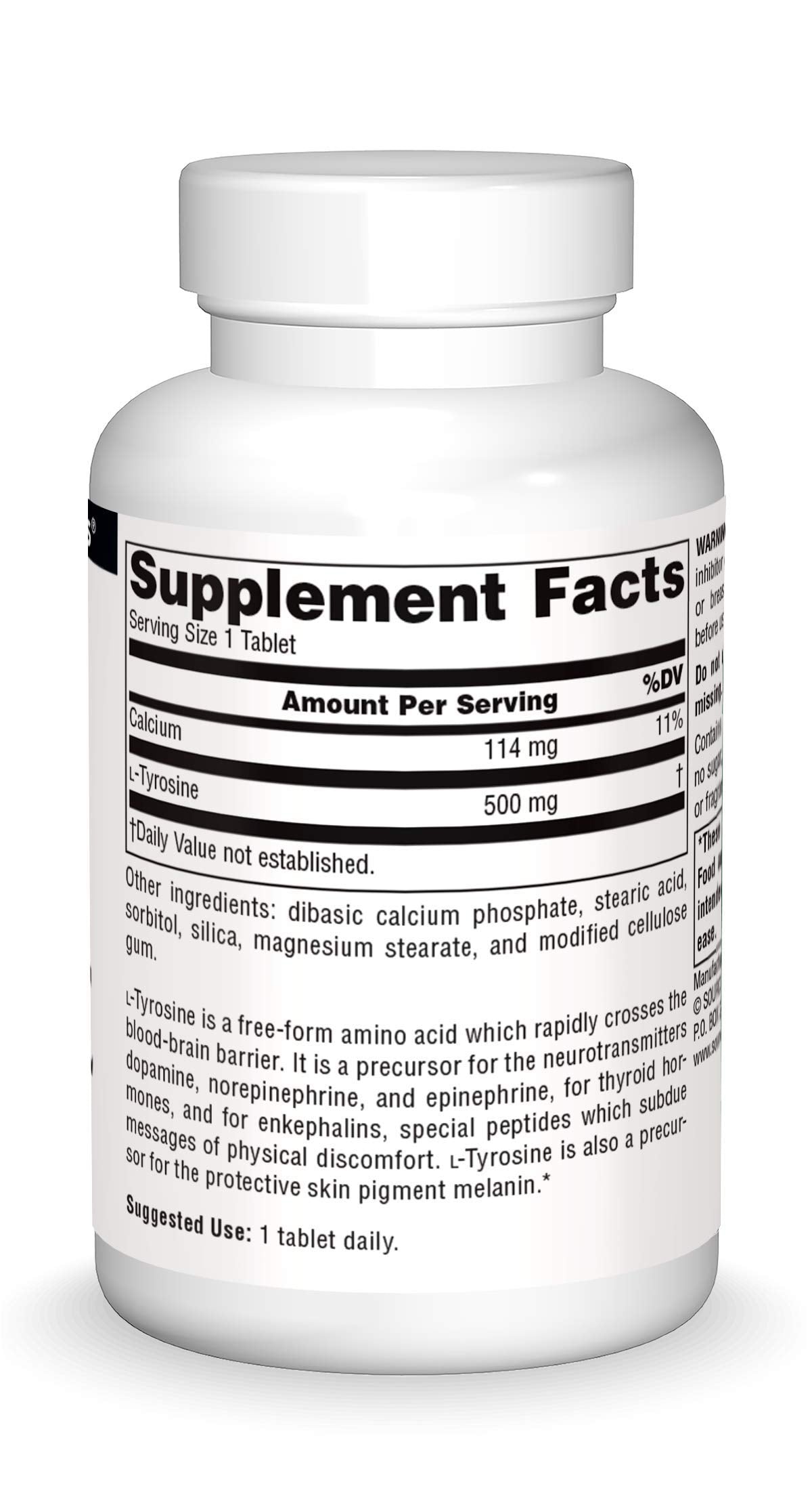 Source Naturals L-Tyrosine étiquette et emballage avec informations sans allergènes