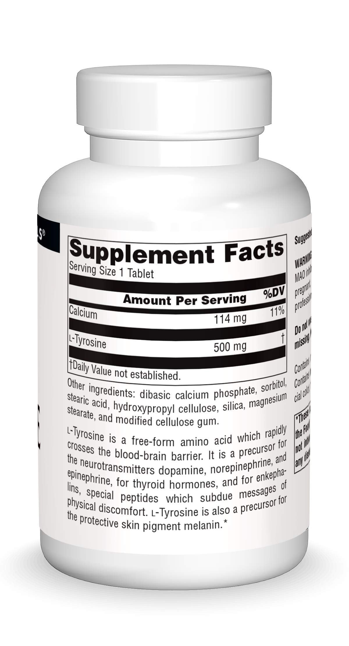 Source Naturals L-Tyrosine, dose quotidienne recommandee et prise simple.