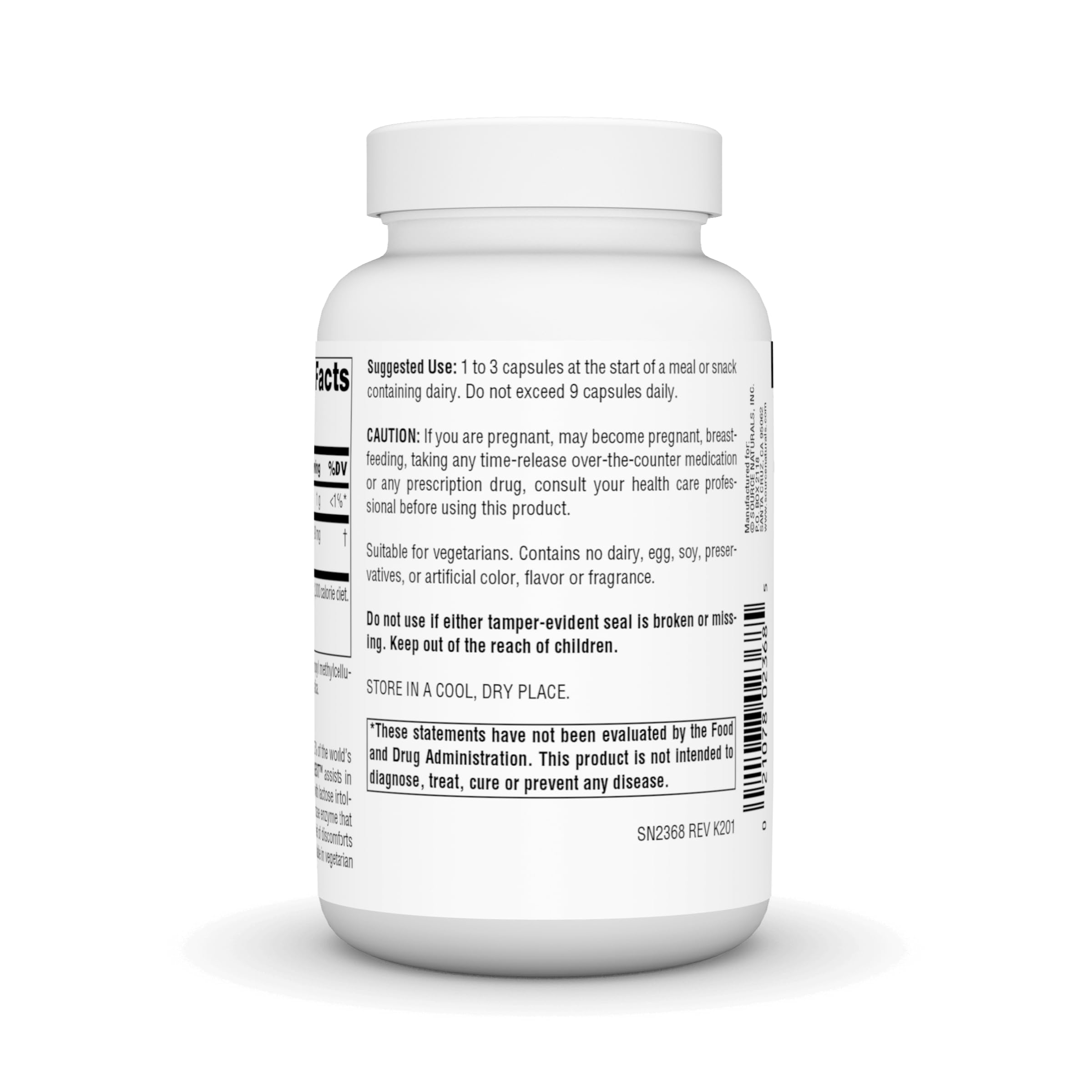Étiquette Source Naturals Lactase Digest avec posologie et mentions d'allergènes.