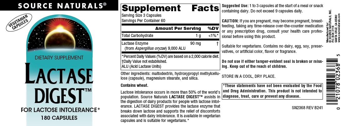 Guide de dosage Source Naturals Lactase Digest: 1 à 3 gélules selon le repas.