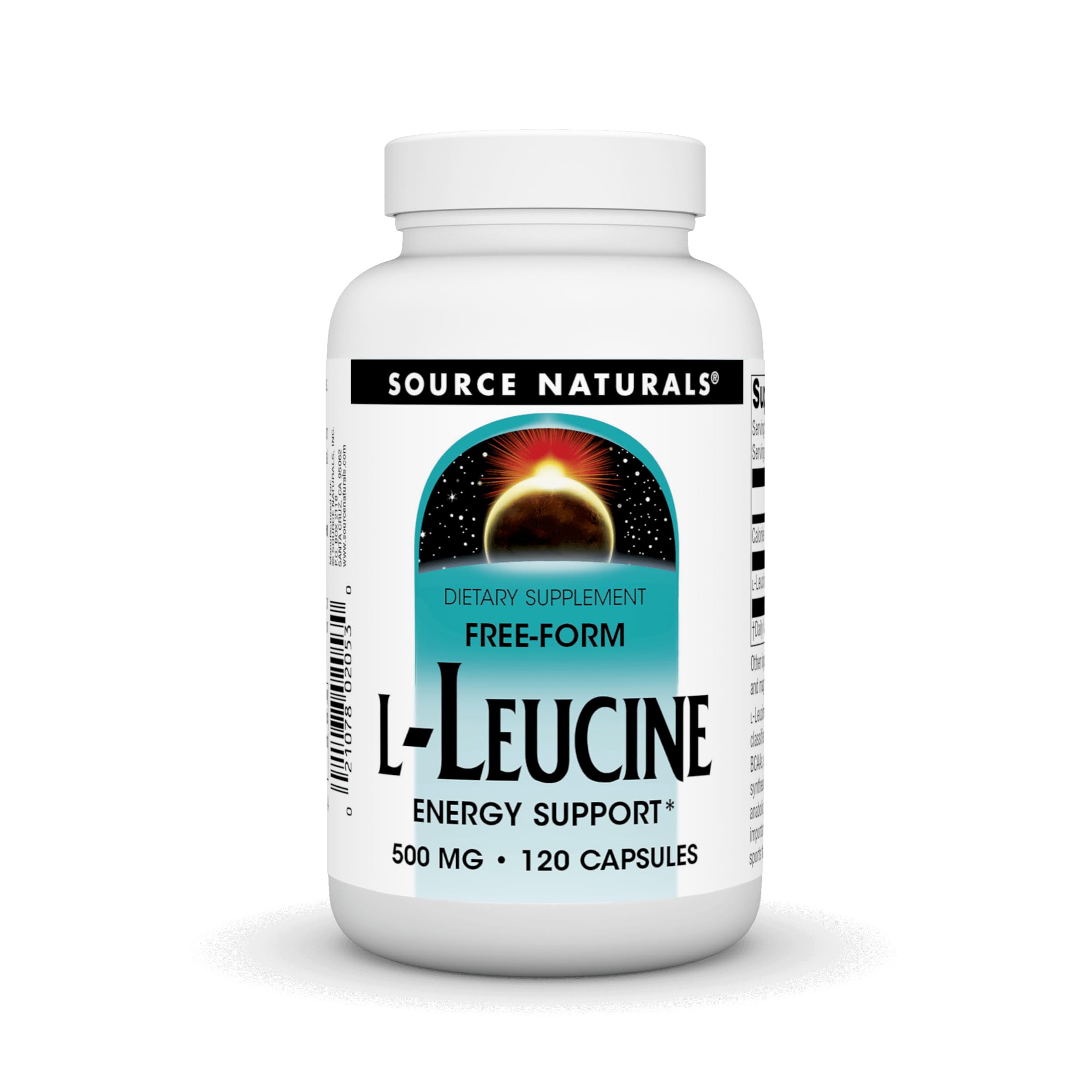Source Naturals L-Leucine capsules sur boîte, soutien musculaire potentiel.