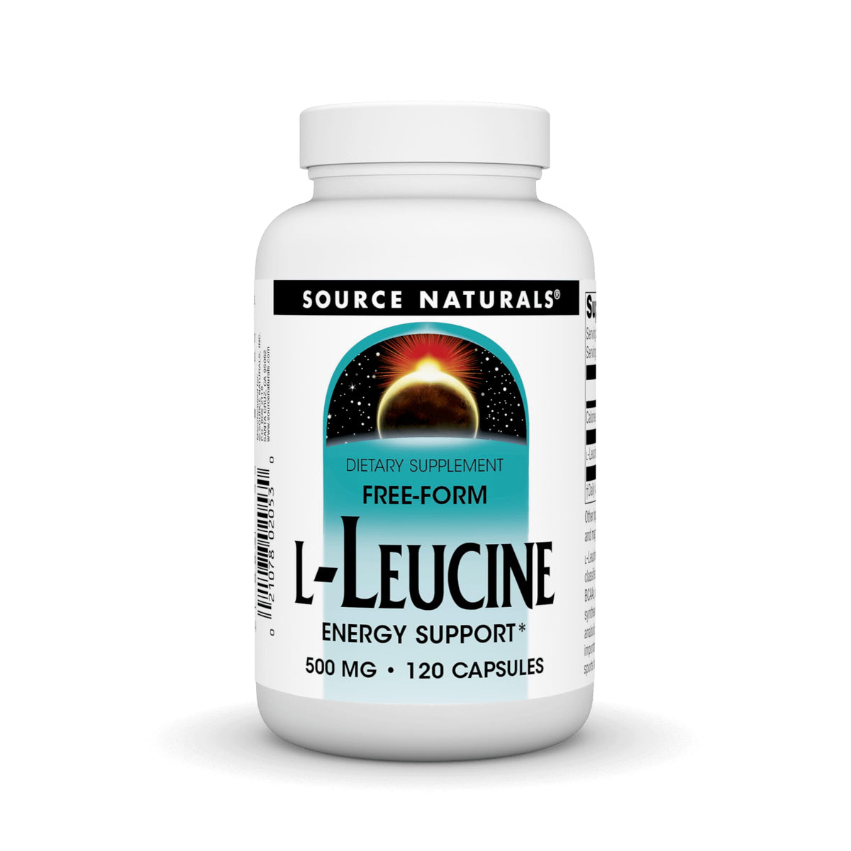 Source Naturals L-Leucine capsules sur boîte, soutien musculaire potentiel.