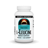 Source Naturals L-Leucine capsules sur boîte, soutien musculaire potentiel.