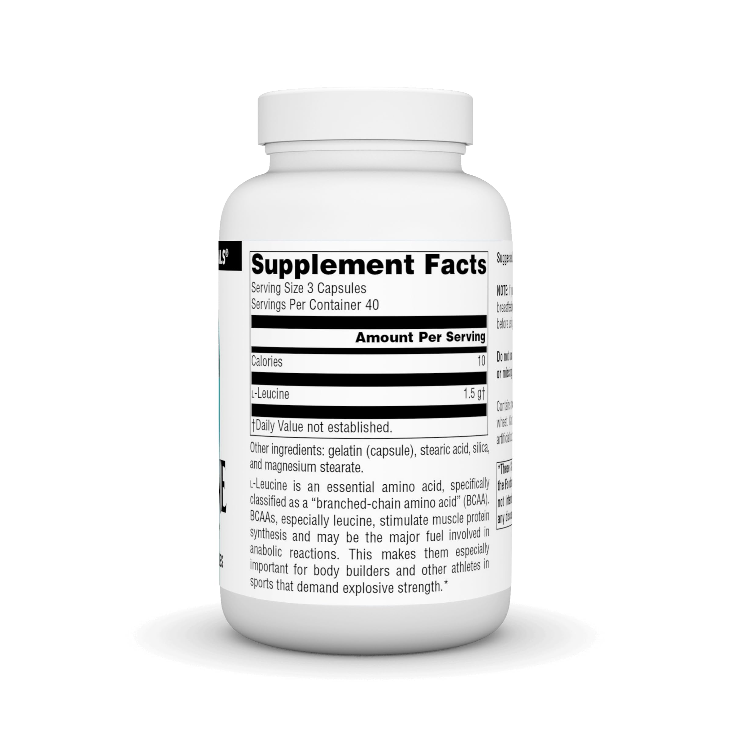 Capsules L-Leucine Source Naturals en gros plan, soutien possible à la synthèse protéique.