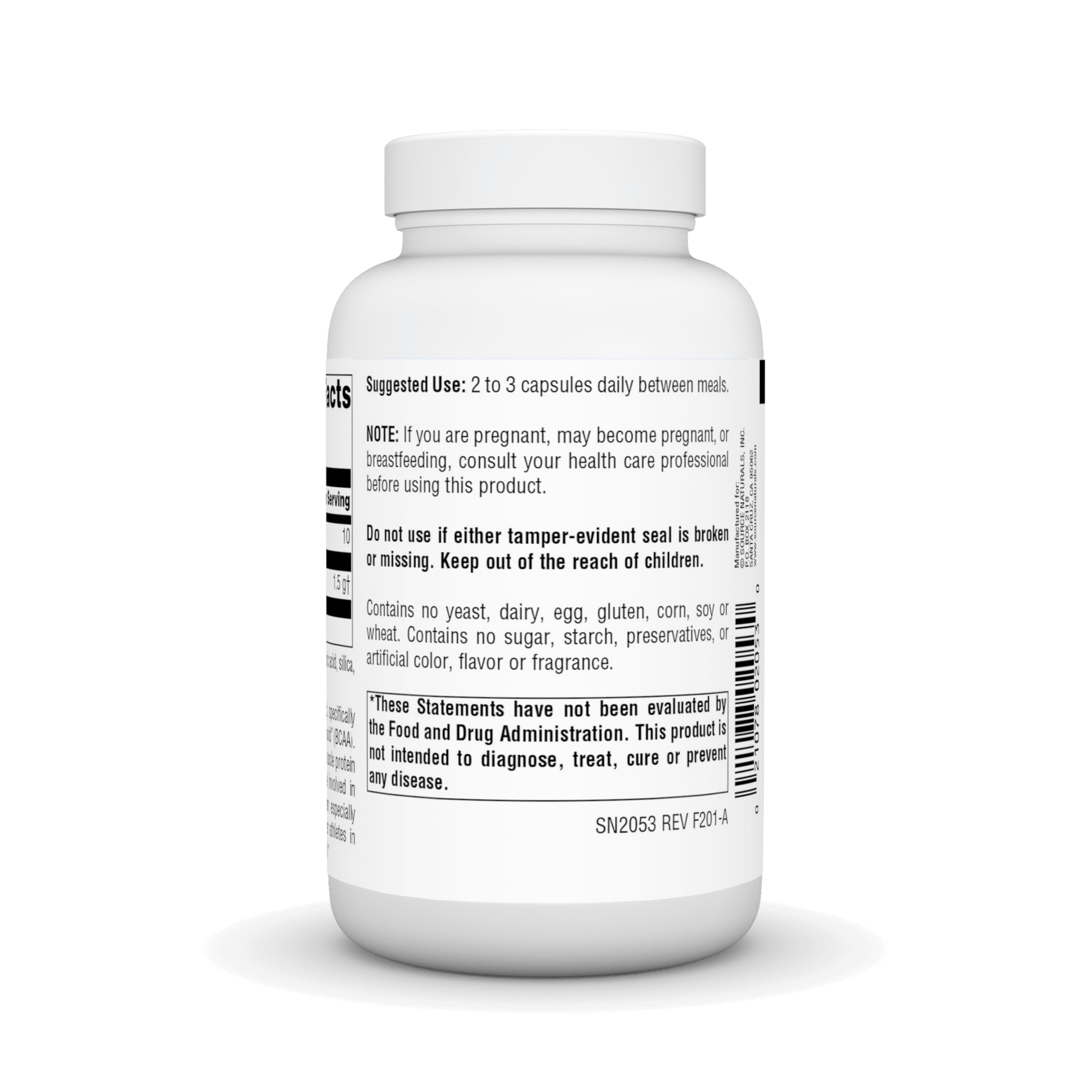 Étiquette Source Naturals L-Leucine, utile entre les repas pour énergie.