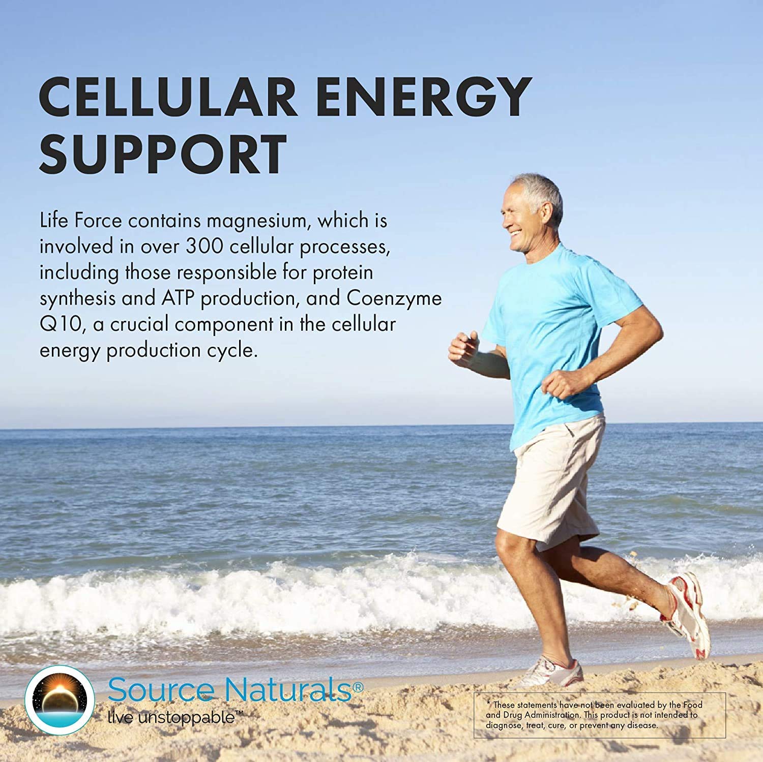 Source Naturals Life Force: boîte sur plan de travail avec fruits.