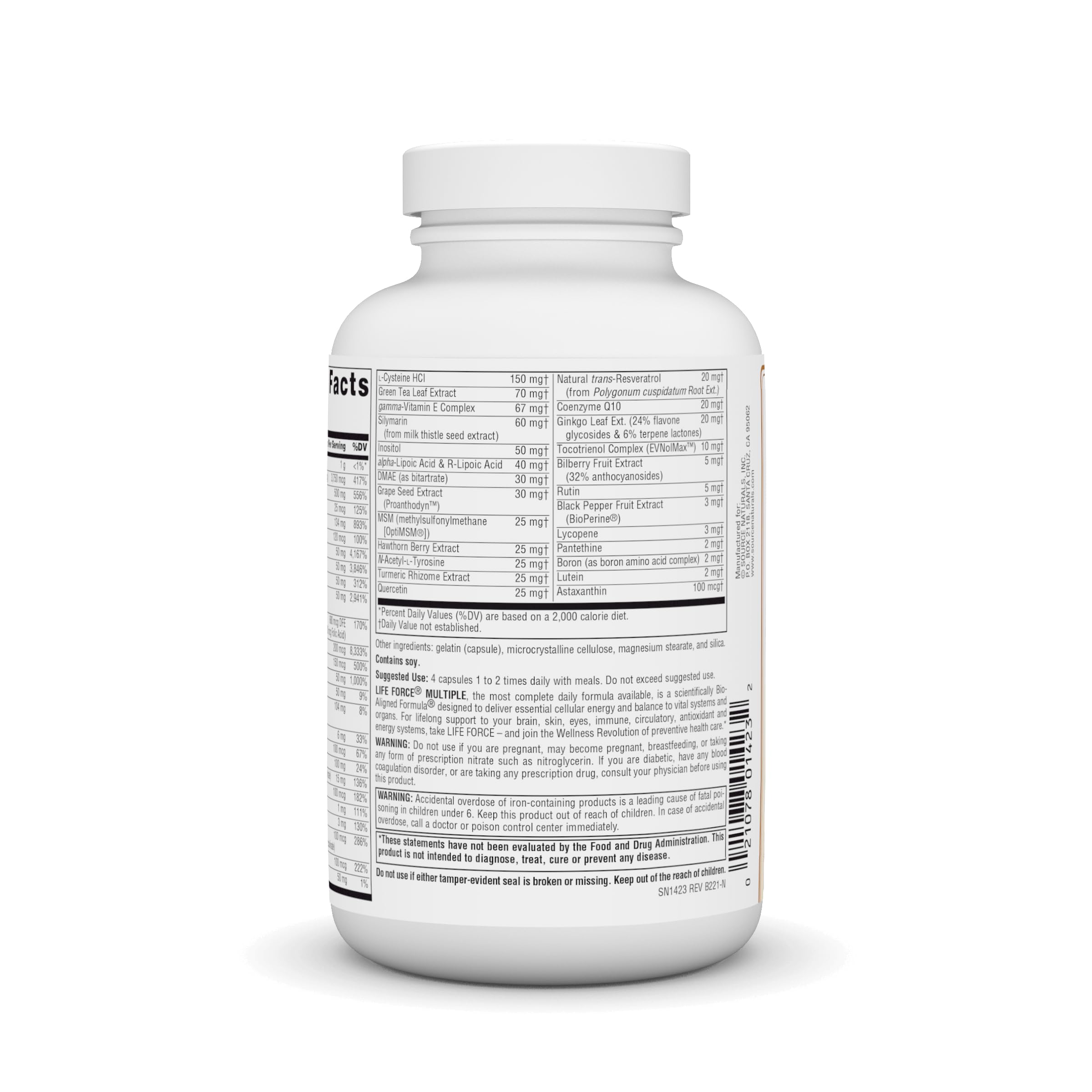 Source Naturals Life Force: étiquette montrant les vitamines et minéraux essentiels.