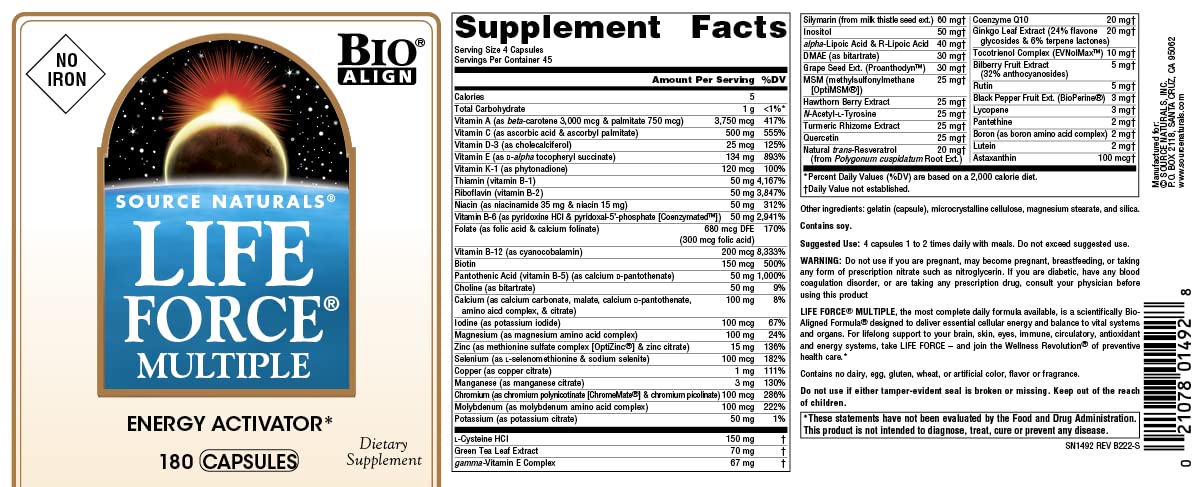 Source Naturals Life Force Multiples - capsules en gros plan, ingestion facile.