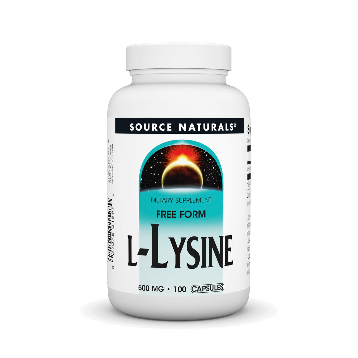 Source Naturals L-Lysine forme libre, bouteille prête pour une supplémentation pratique.