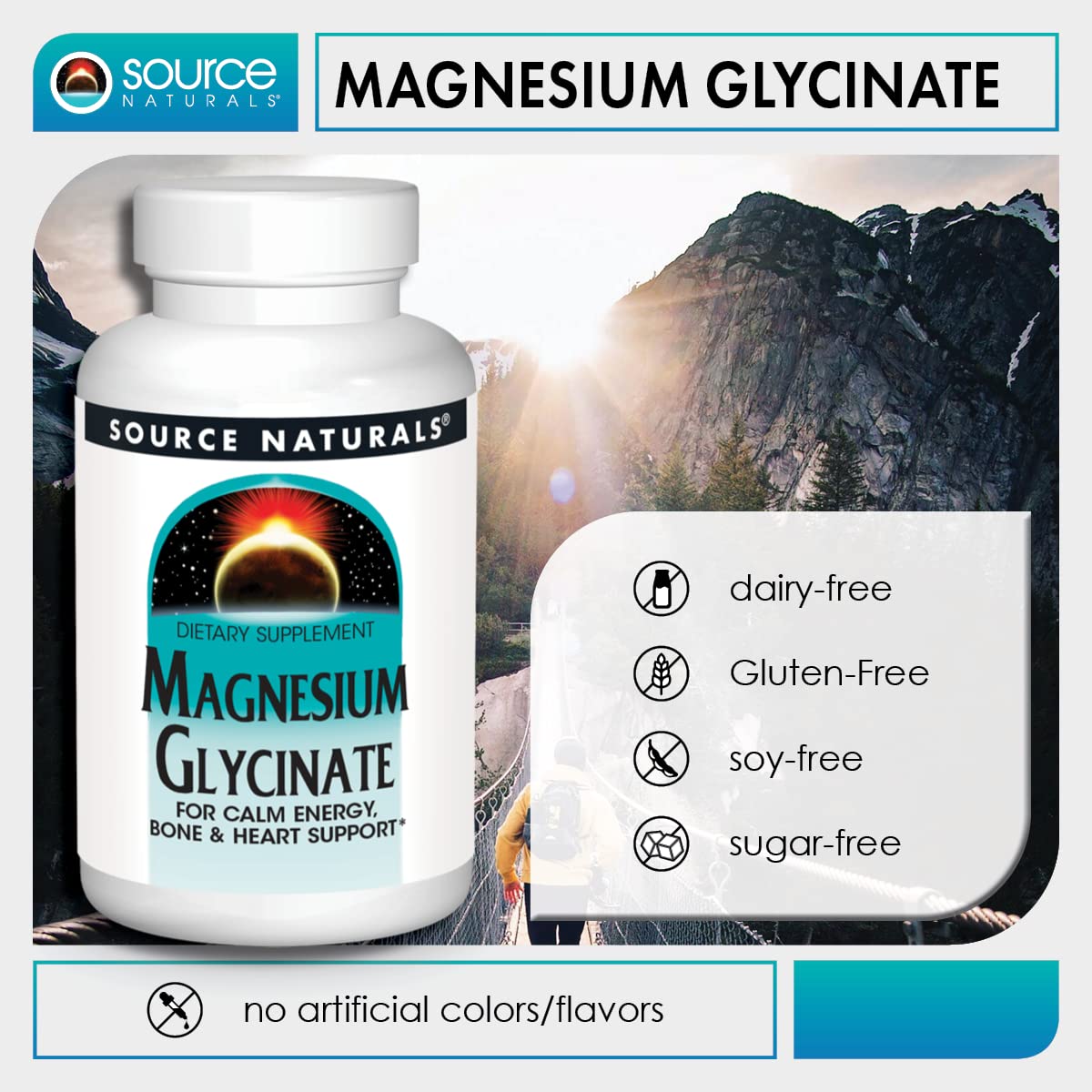 Source Naturals Magnésium Glycinate: image avec une boisson pour prise facile