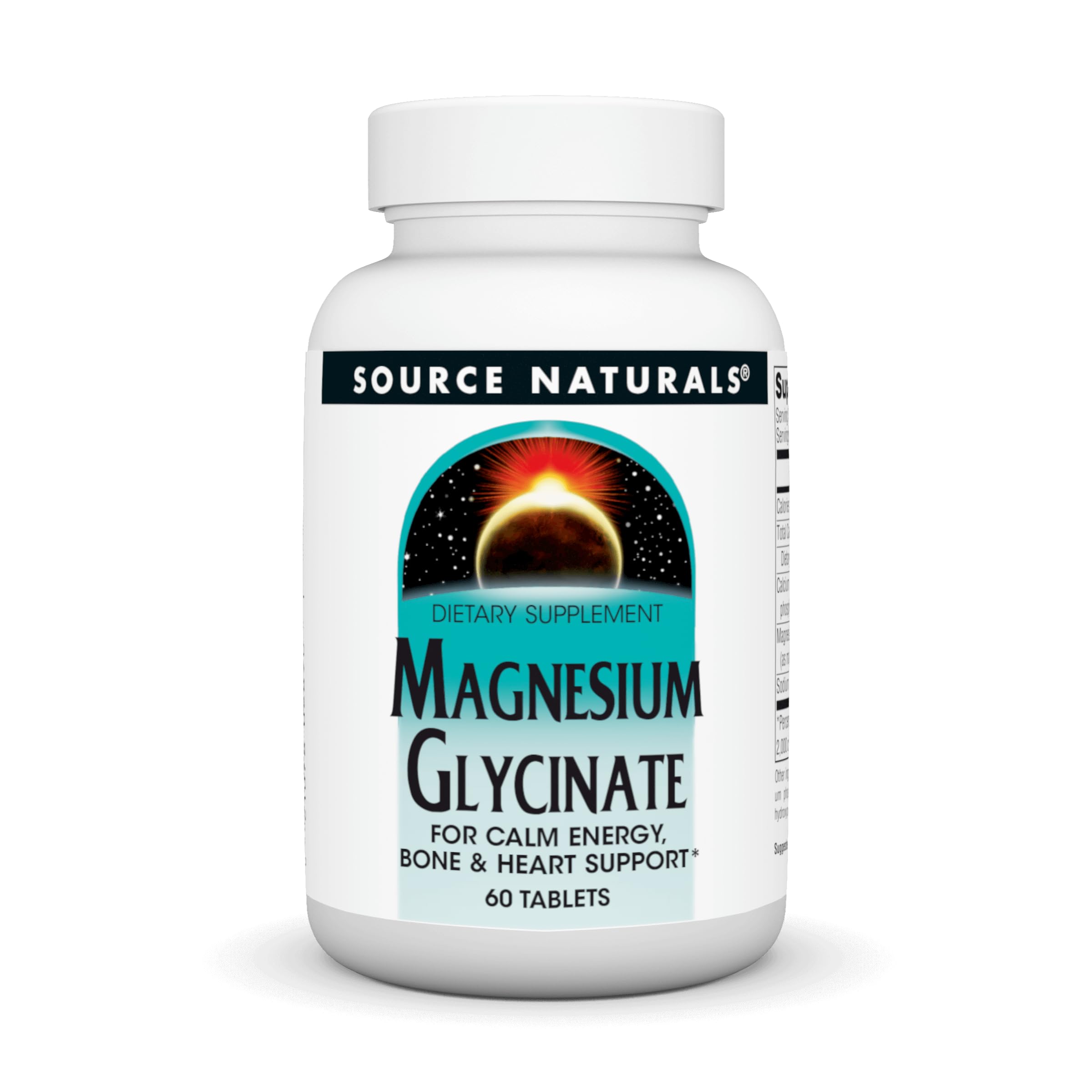 Source Naturals Magnésium Glycinate: bouteille sur plan de travail, absorption potentiellement améliorée