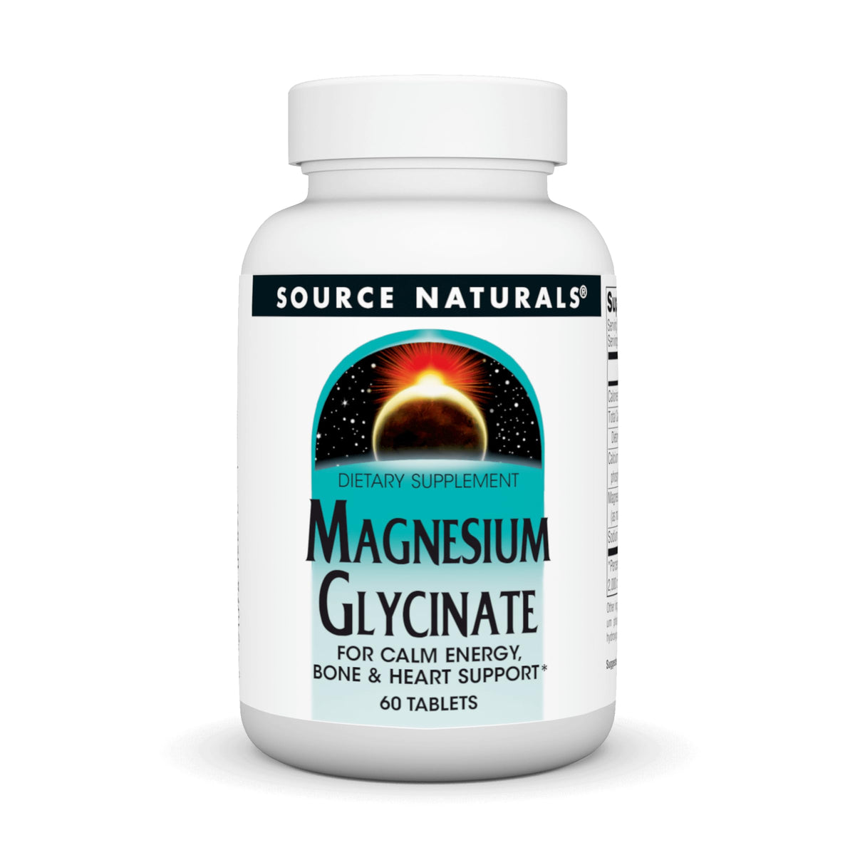 Source Naturals Magnésium Glycinate: bouteille sur plan de travail, absorption potentiellement améliorée