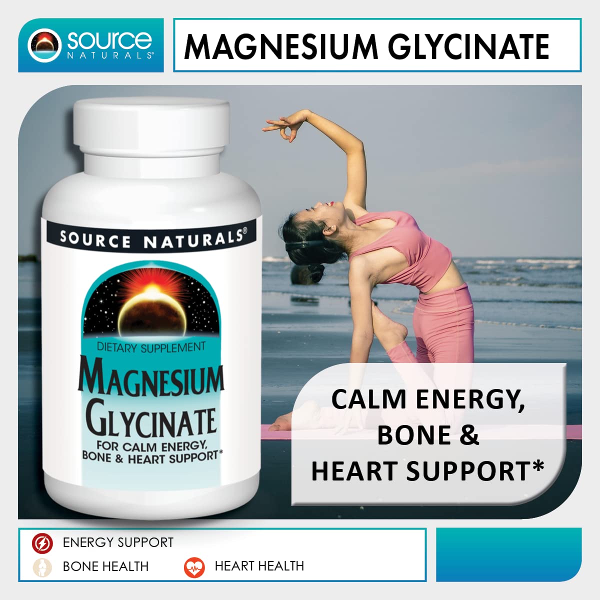 Source Naturals Magnésium Glycinate: bouteille et brève explication sur la posologie