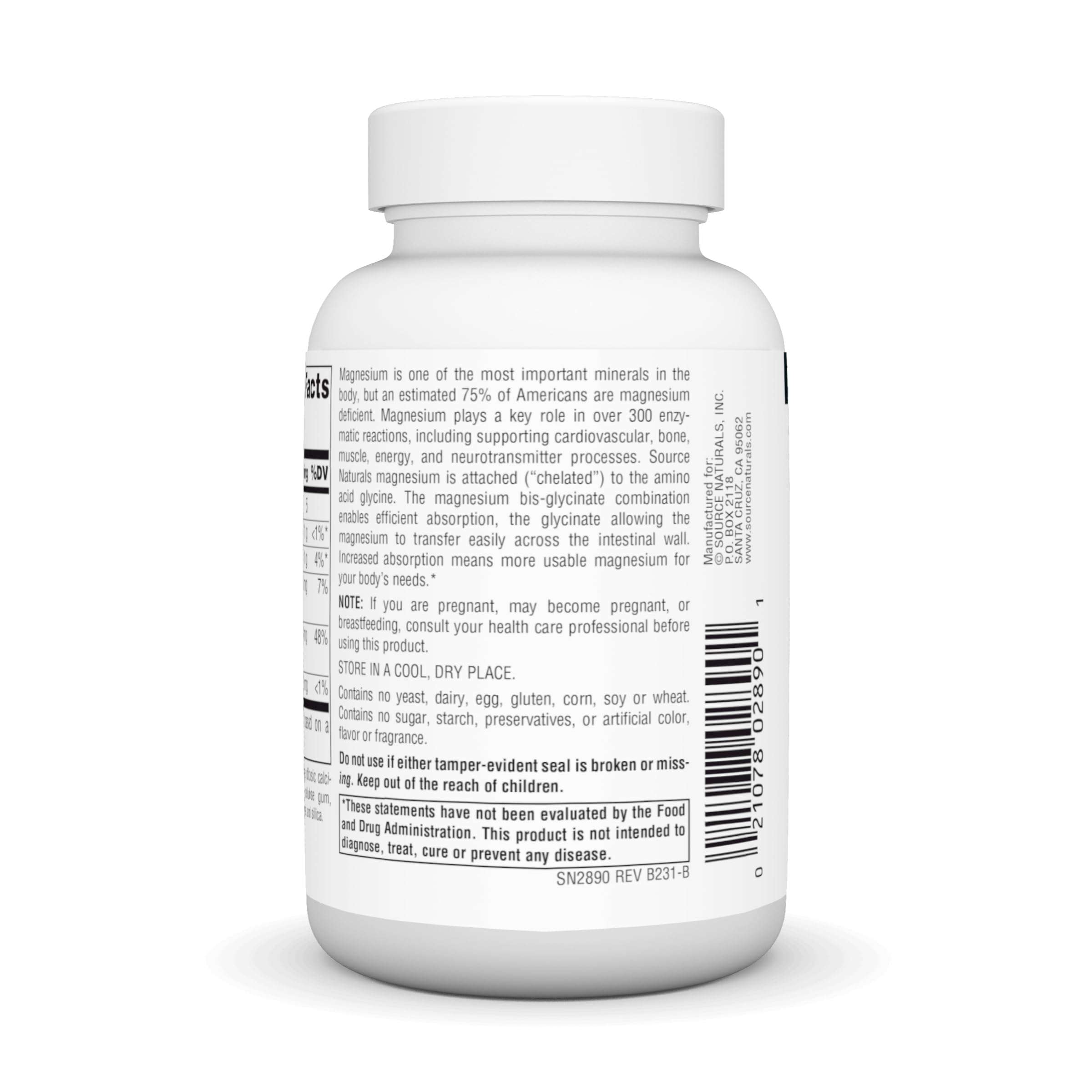 Source Naturals Magnésium Glycinate: tablettes en gros plan, dosage par portion