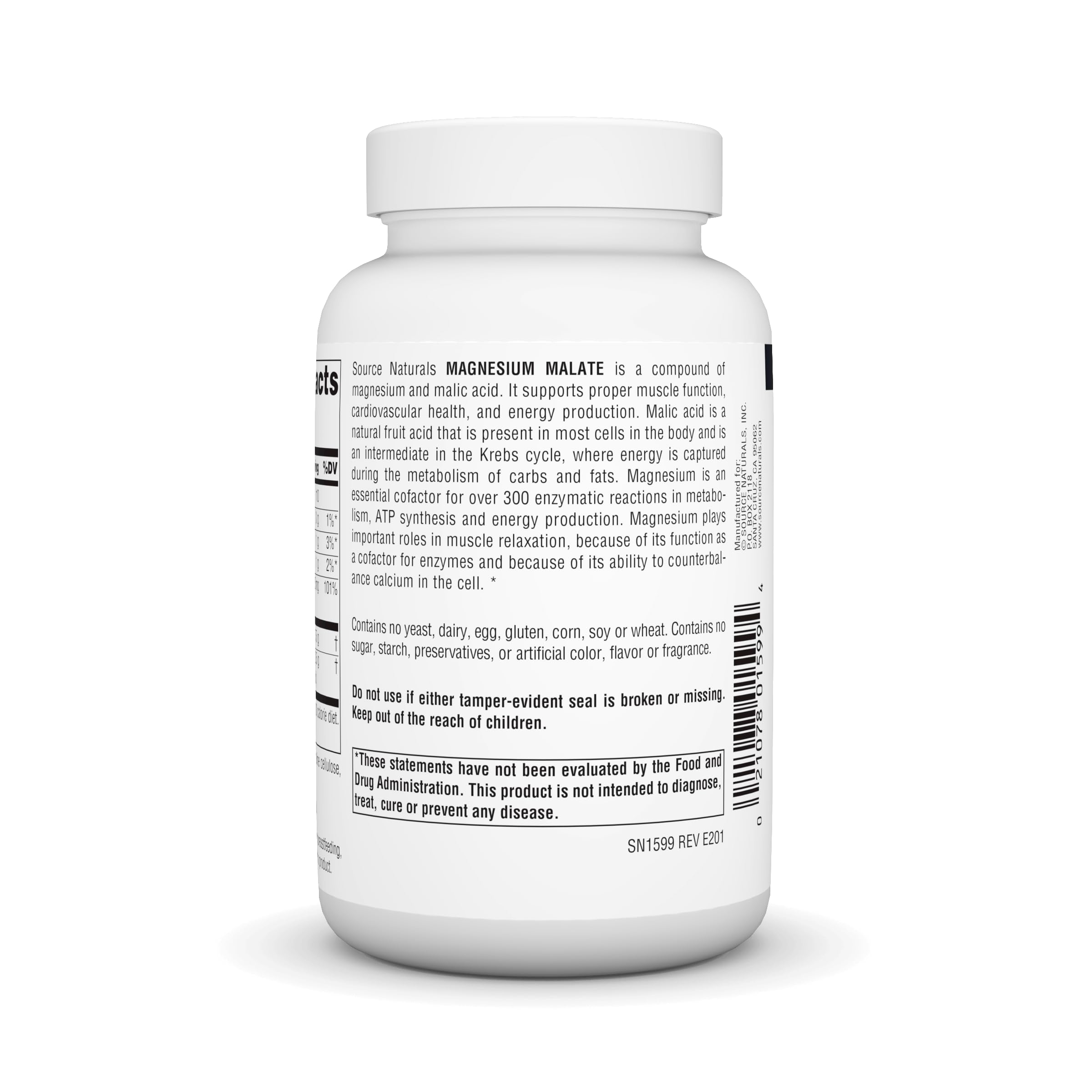 Source Naturals Magnésium Malate étiquette, formulation sans allergènes courants