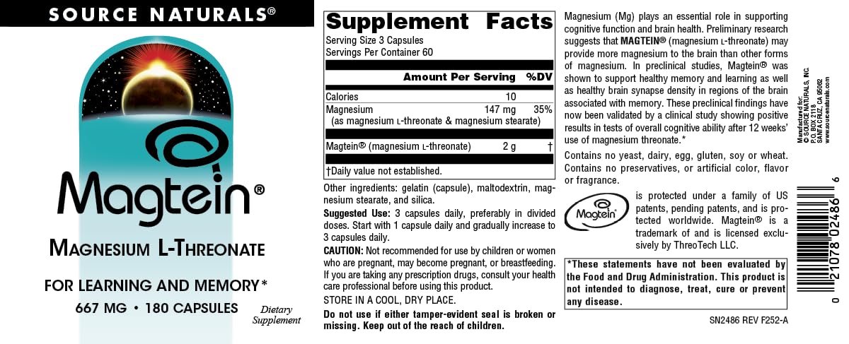 Source Naturals Magtein emballage, informations clés et mode d'emploi.