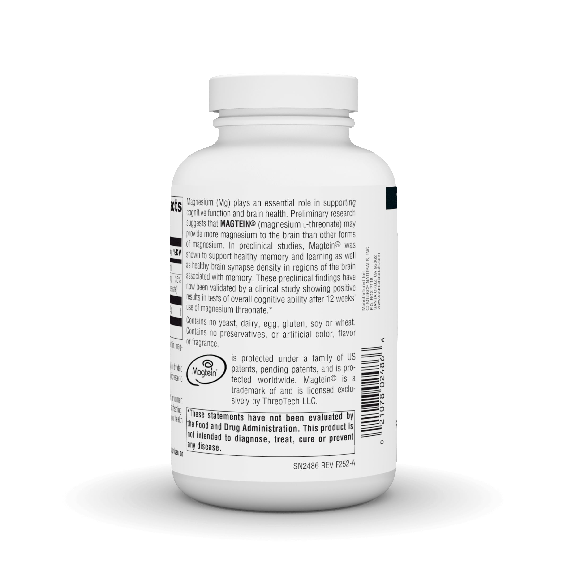 Source Naturals Magtein étiquette, étiquette claire pour comprendre les bénéfices potentiels.