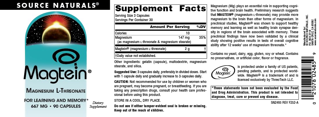 Capsules Magtein visibles en gros plan sur fond neutre.