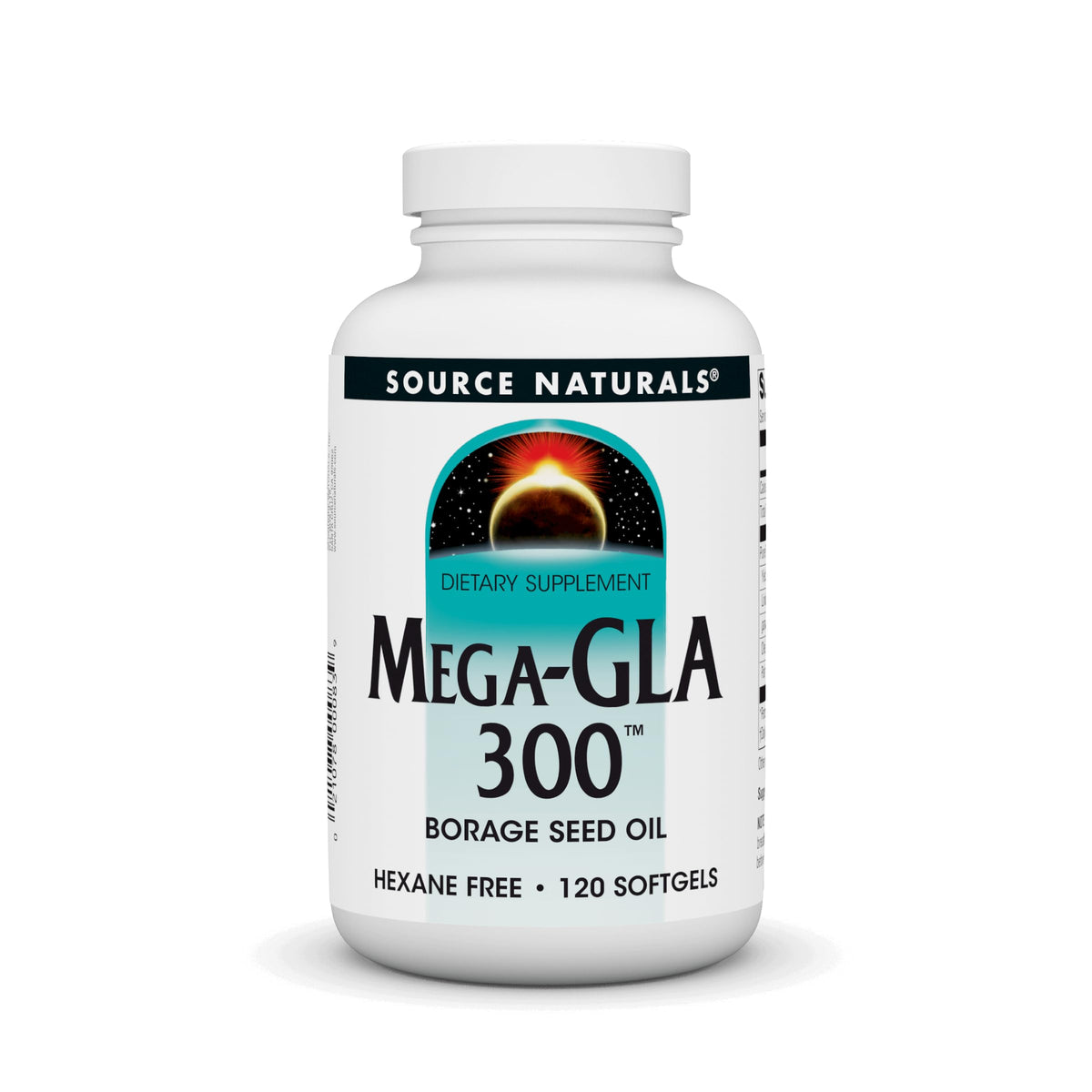 Source Naturals Mega-GLA 300, bouteille-gelules, pratique pour l'apport quotidien en acides gras essentiels.