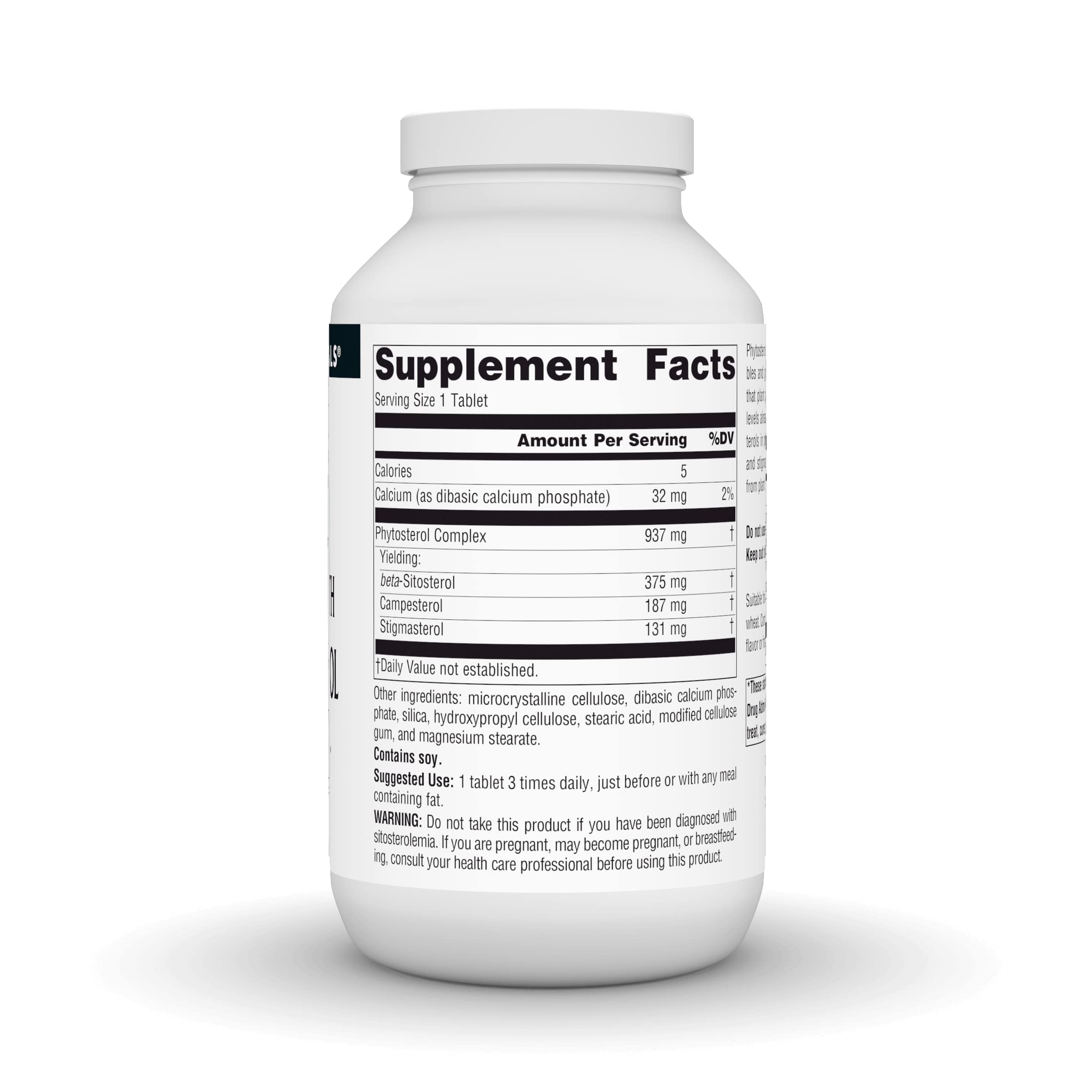 Source Naturals Mega Strength Beta Sitosterol – bouteille arrière: détails nutritionnels et ingrédients végétaux.