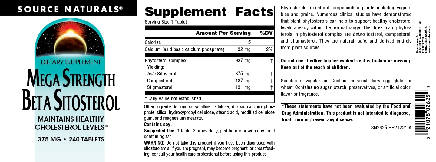 Source Naturals Mega Strength Beta Sitosterol – étiquette végétarienne sans allergènes majeurs.