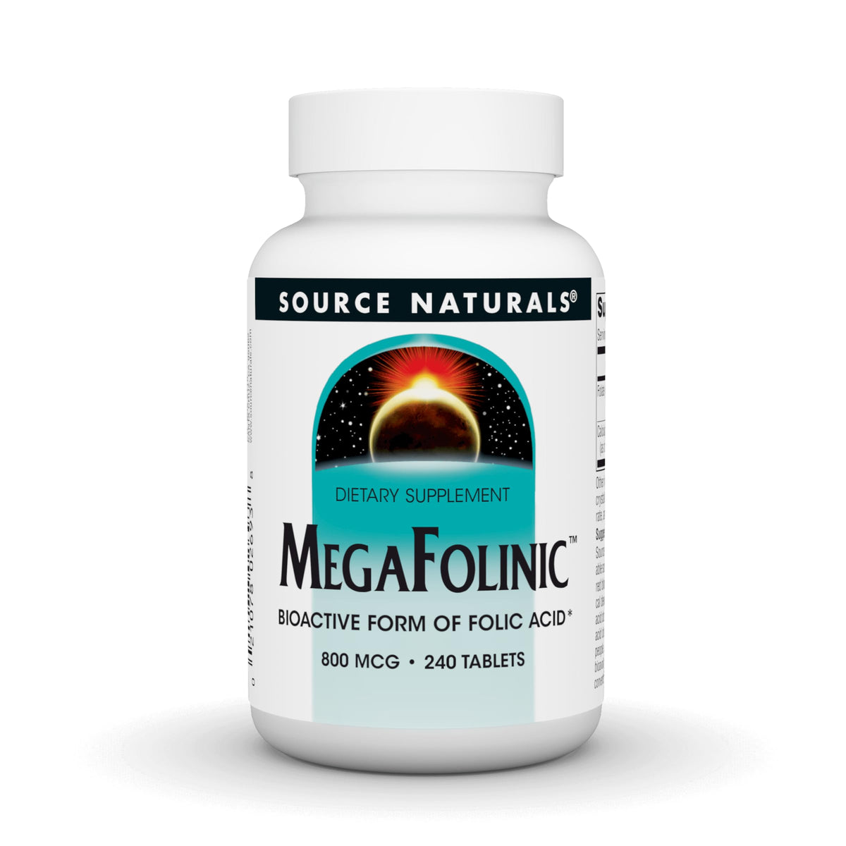 Source Naturals MegaFolinic—emballage visible, soutien potentiel à la formation des globules rouges.
