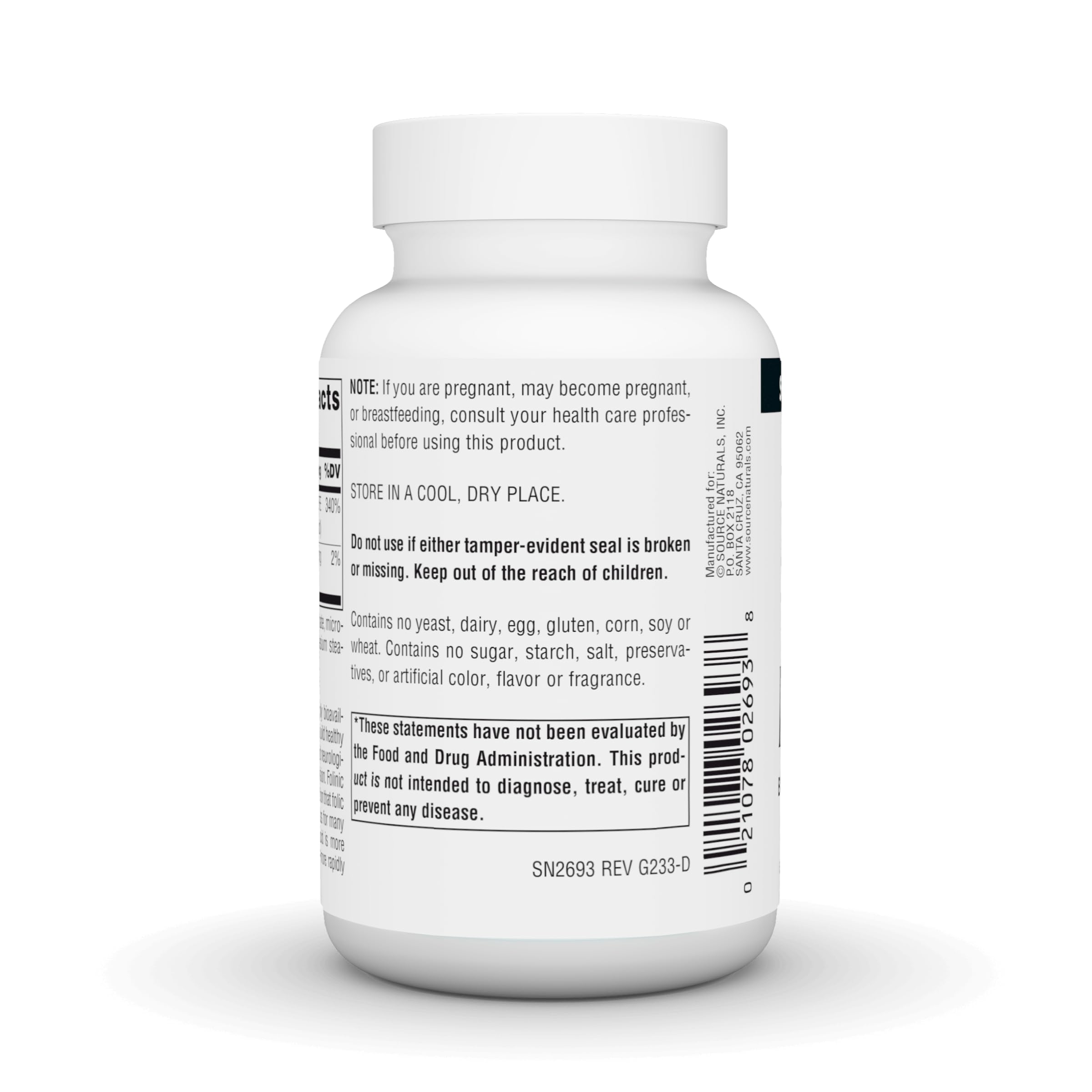 Source Naturals MegaFolinic—tablettes végétariennes sans allergènes courants.