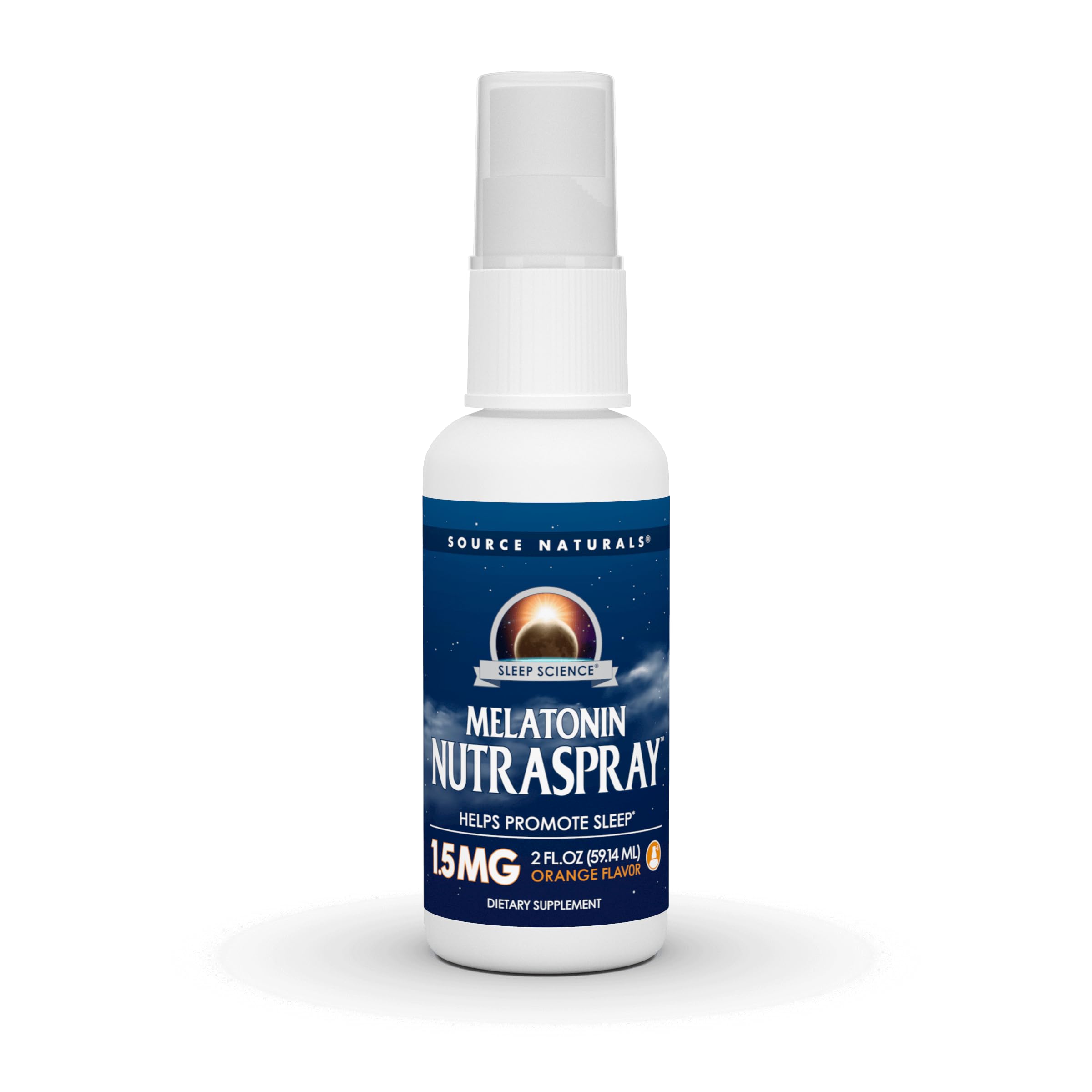 Source Naturals Melatonin NutraSpray, bouteille orange, soutien possible au rythme veille-sommeil.
