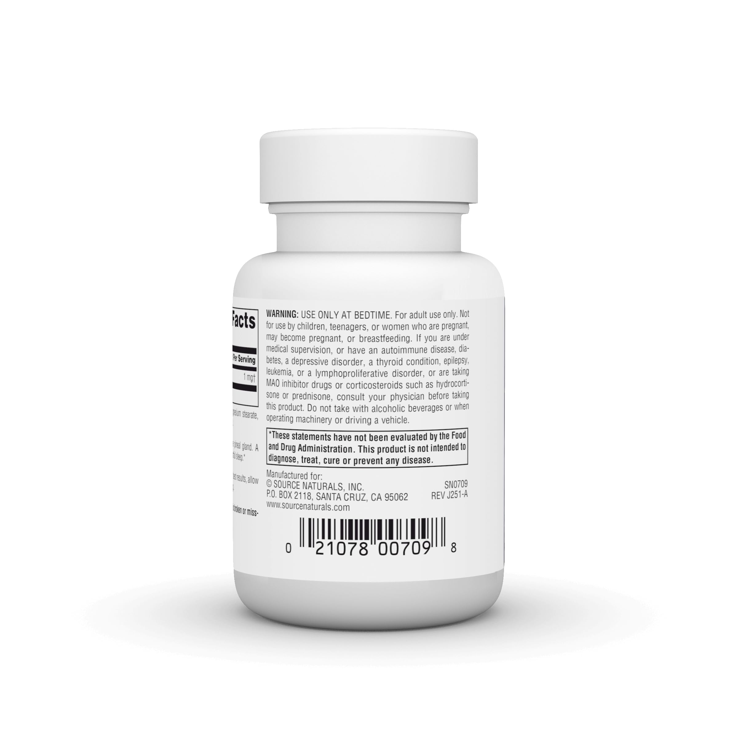 Source Naturals Melatonin – utilisation nocturne, aide potentielle au sommeil.