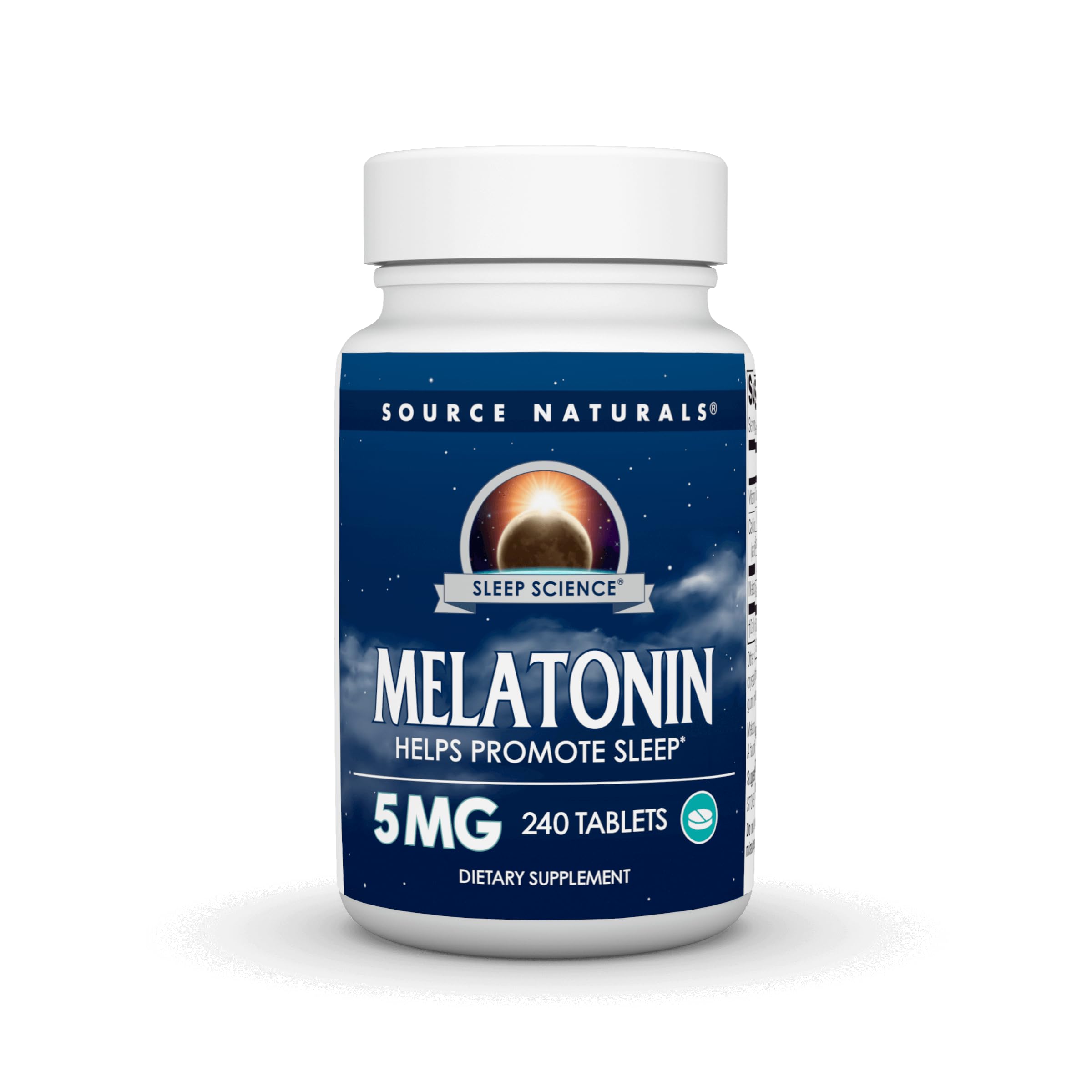 Source Naturals Mélatonine 5 mg, bouteille de 240 comprimés, soutien potentiel au sommeil.