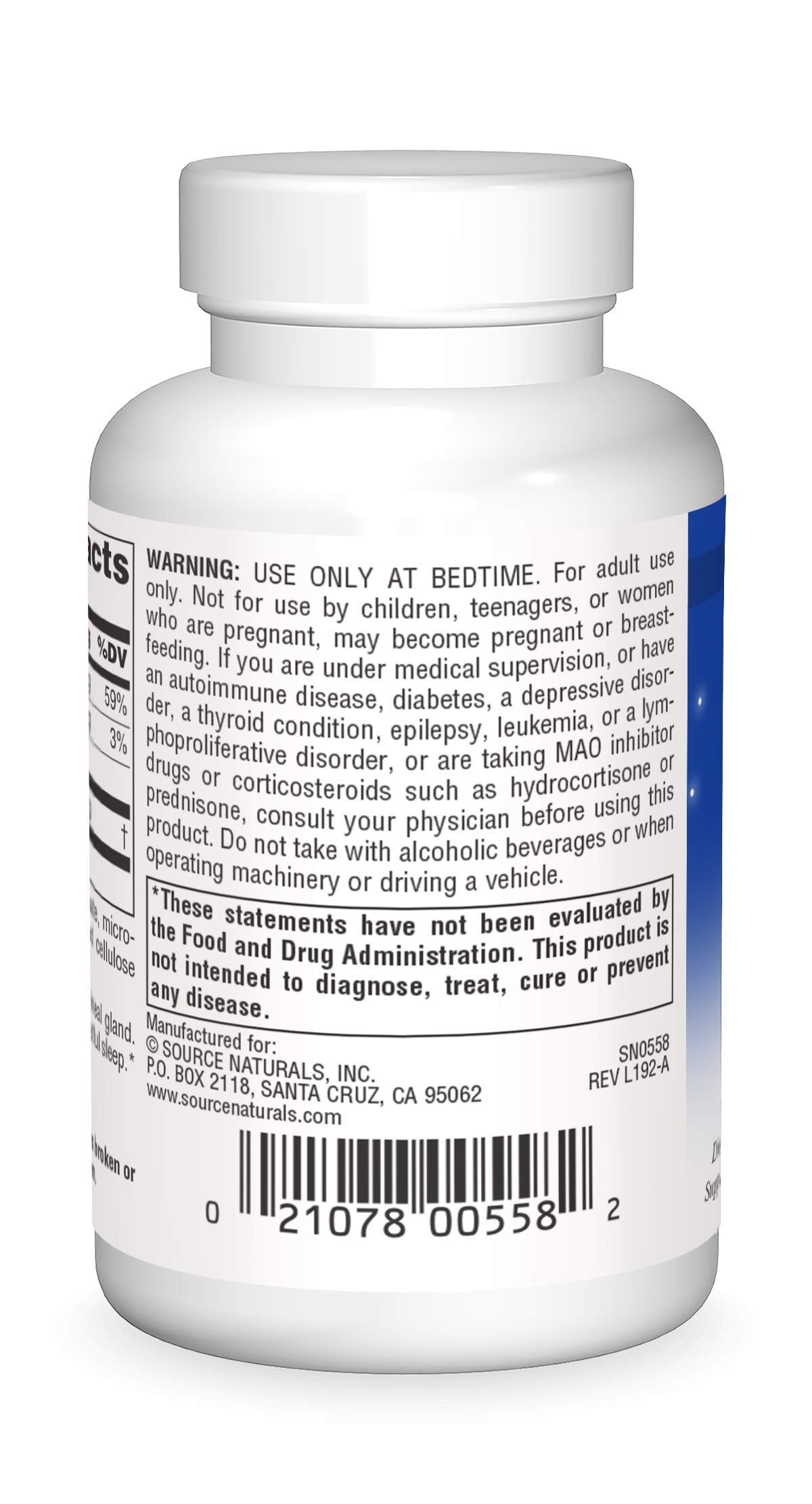 Source Naturals Mélatonine 5 mg, comprimés visibles pour l’usage nocturne.