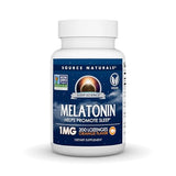Source Naturals Mélatonine: boîte orange et pastilles, utilisation nocturne potentielle.