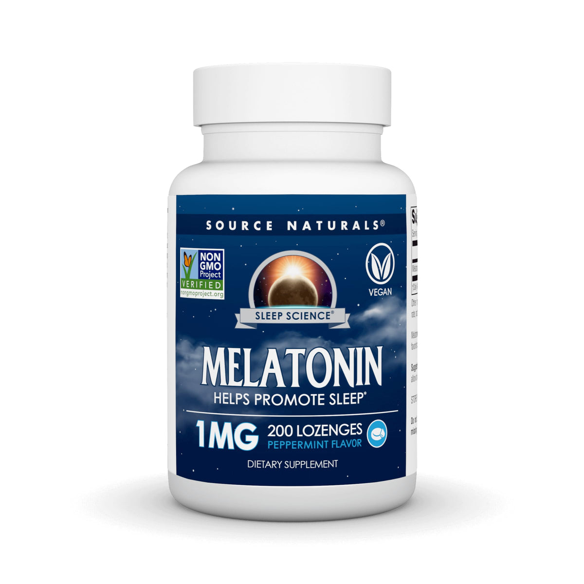 Boîte Source Naturals Mélatonine pastilles menthe, pratique pour le sommeil.