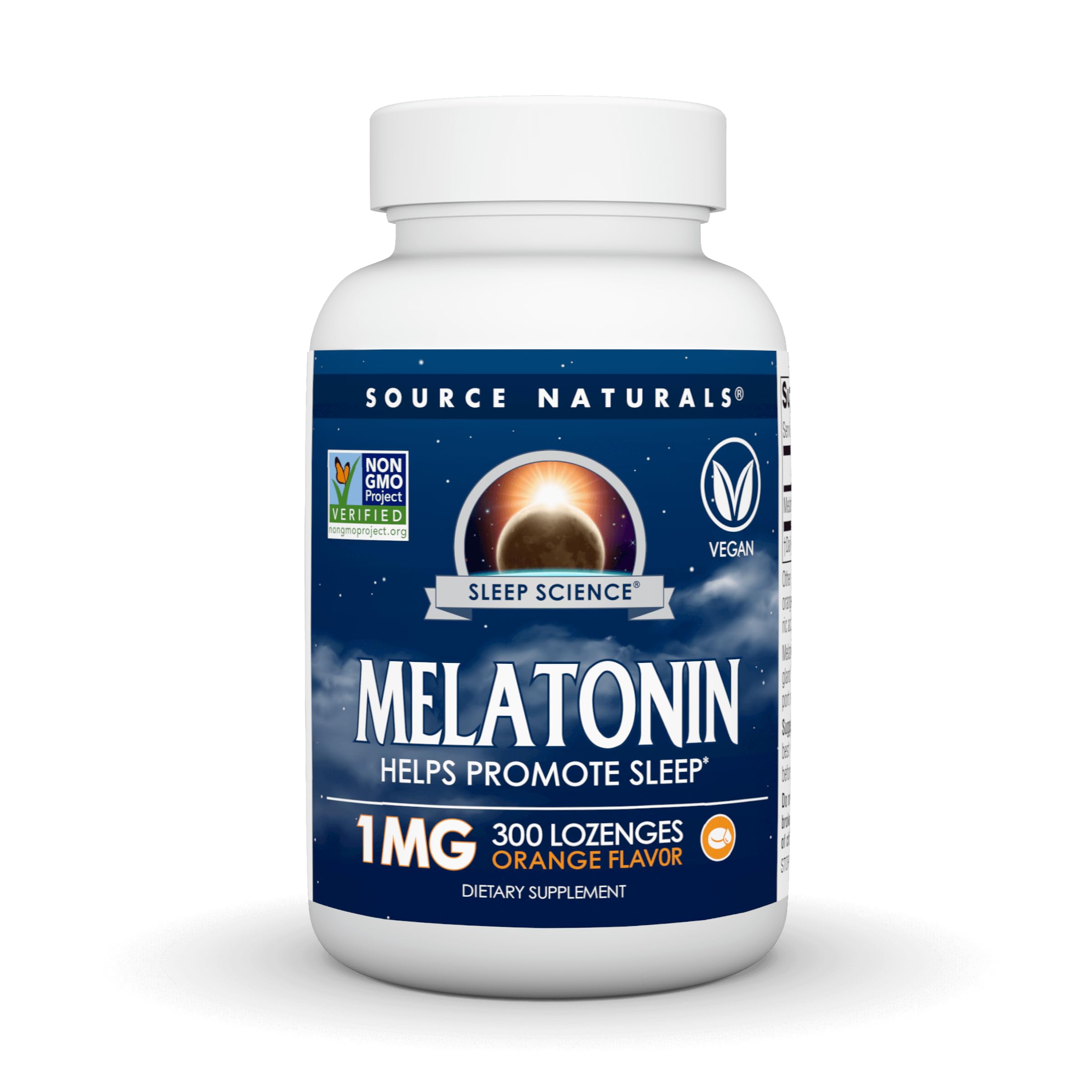 Source Naturals Mélatonine: boîte et pastilles orange, soutien potentiel au sommeil.