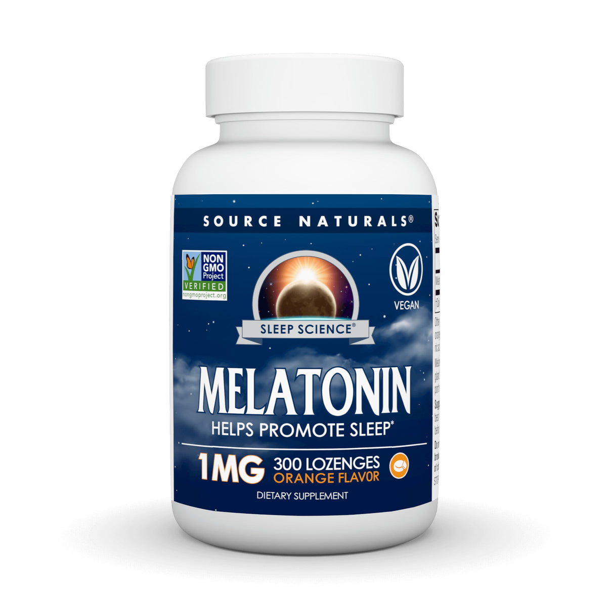 Source Naturals Mélatonine: boîte et pastilles orange, soutien potentiel au sommeil.