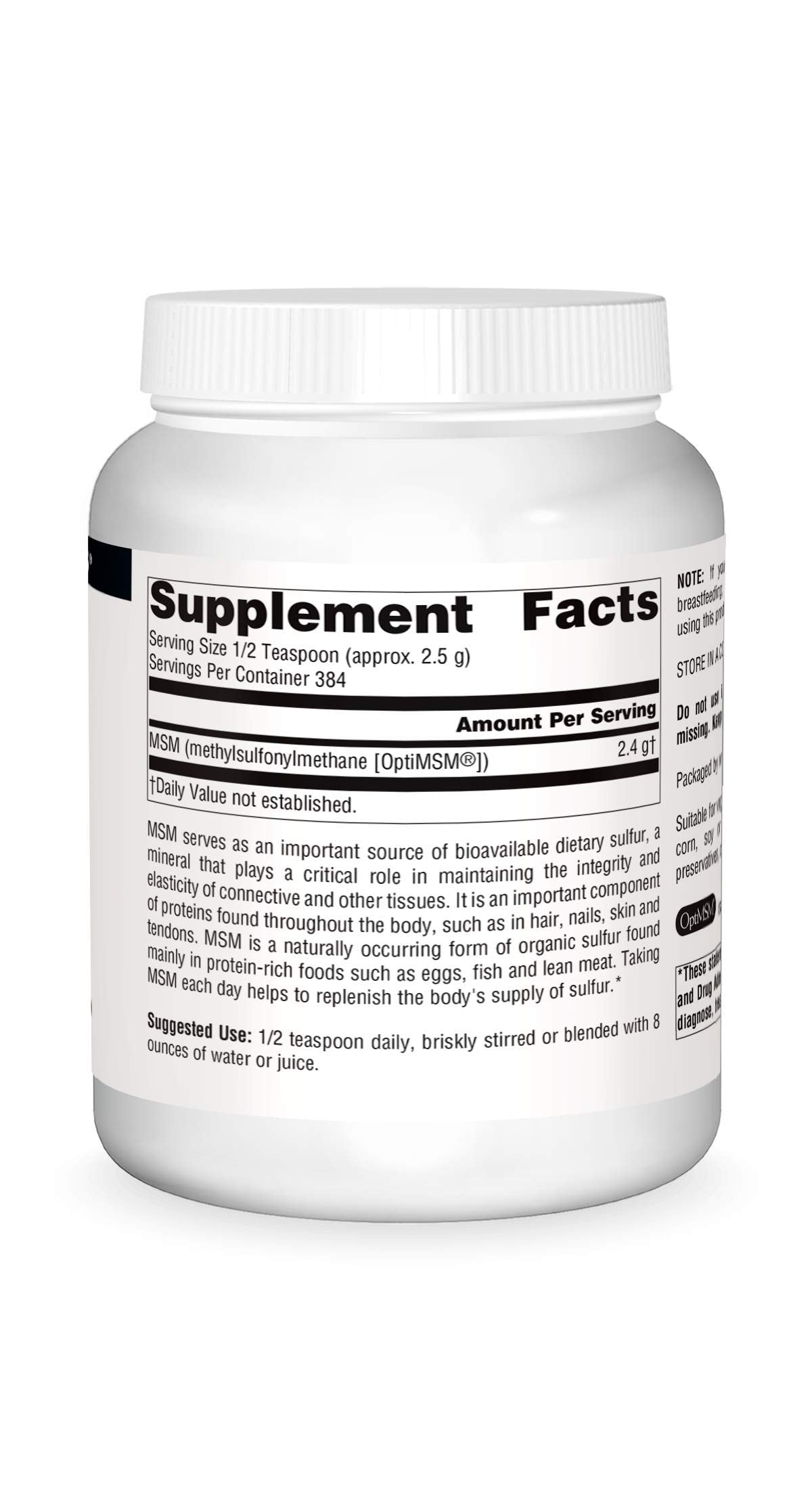 Source Naturals MSM poudre se dissolvant facilement dans eau ou jus.