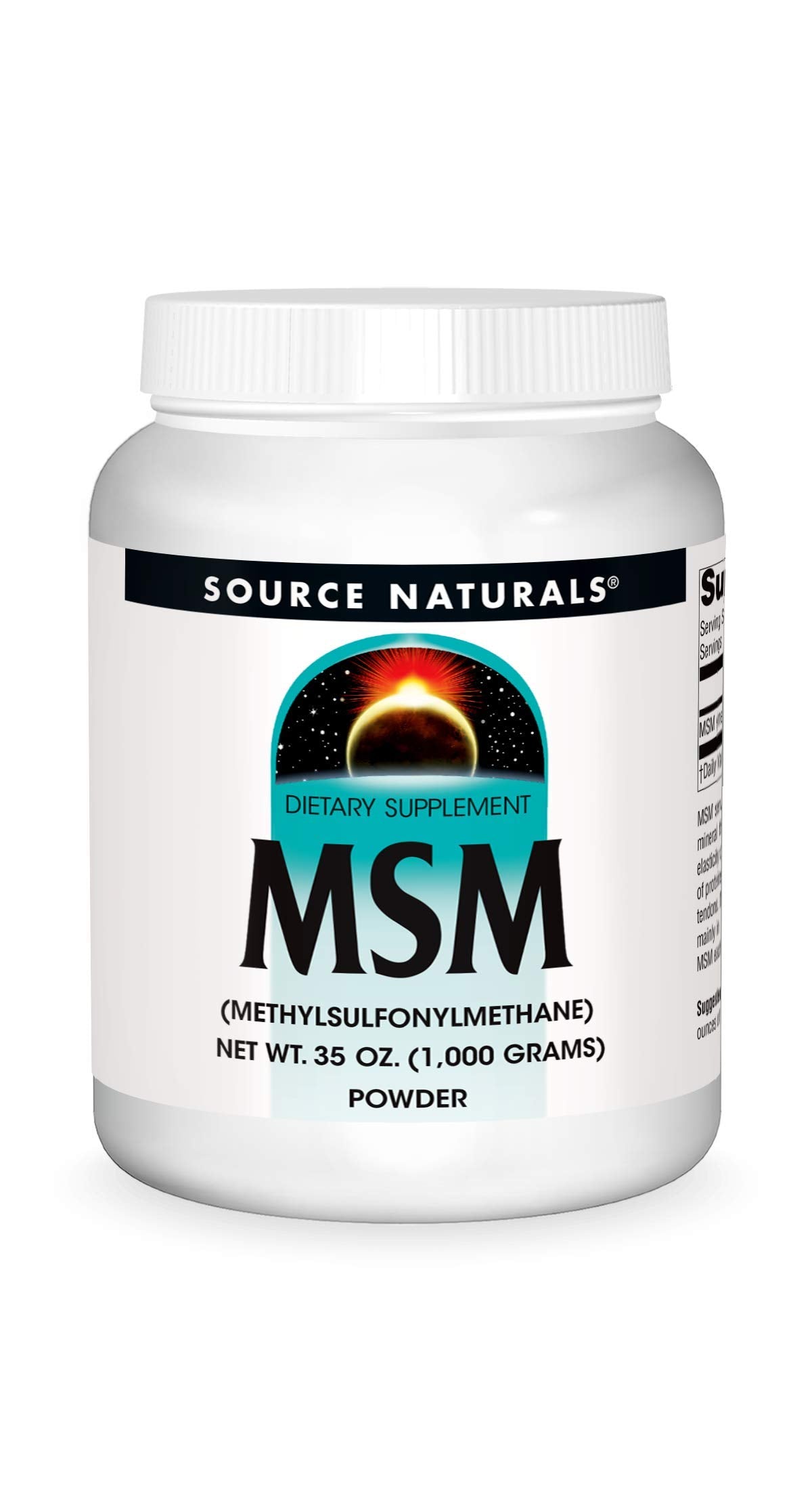 Source Naturals MSM poudre dans emballage pratique pour dosage facile.