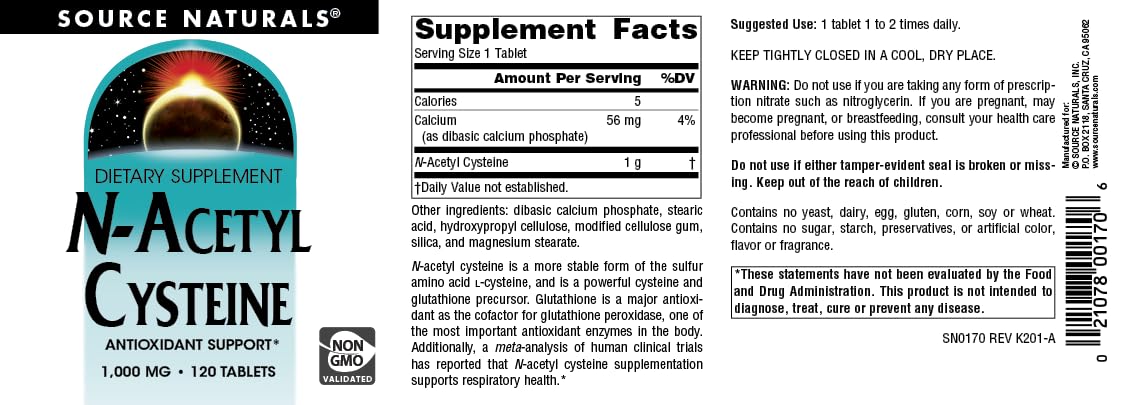 Source Naturals N-Acetyl Cysteine : boîte d'emballage soignée et professionnelle.