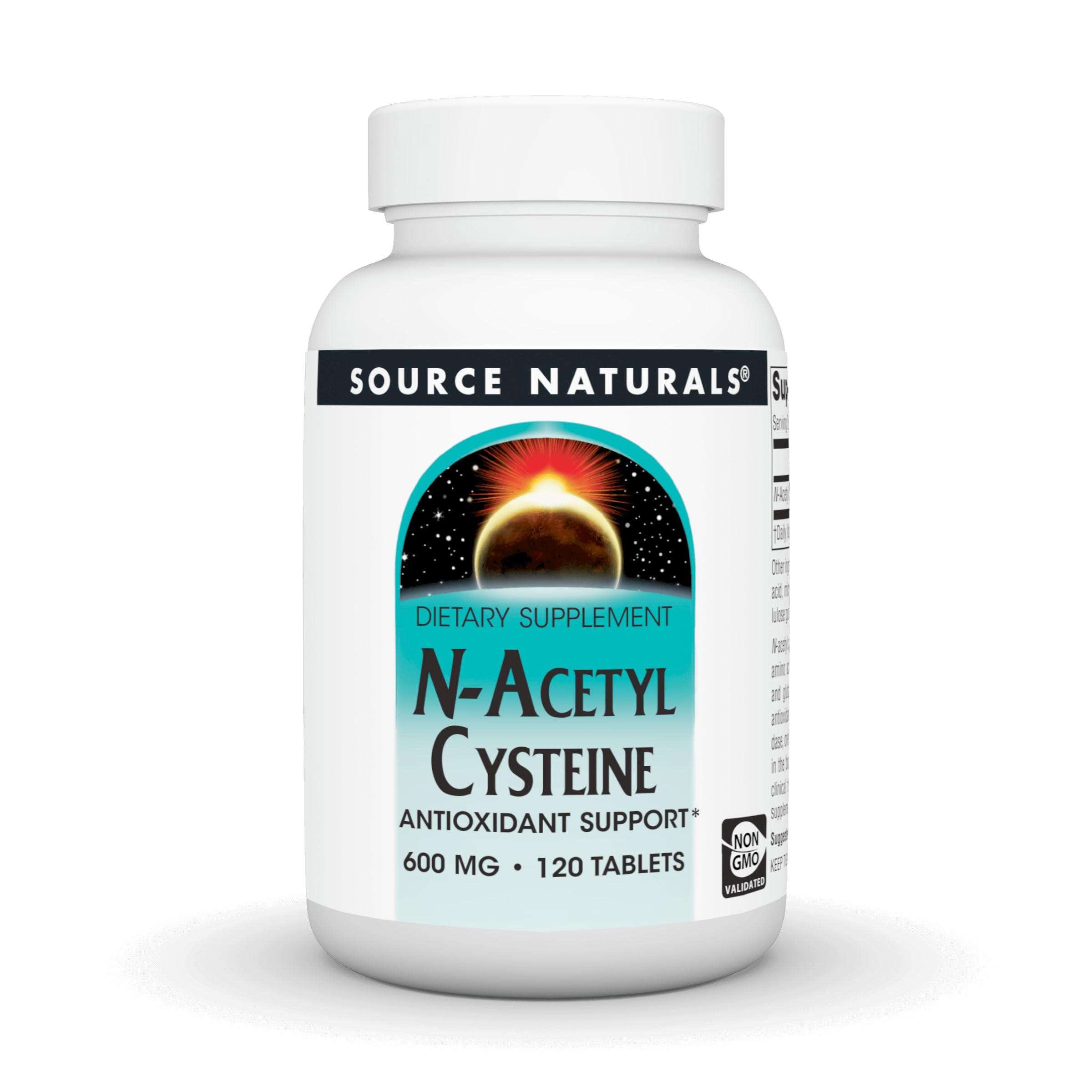 Source Naturals NAC 600 mg: bouteille montrant le flacon et soutien antioxydant potentiel.