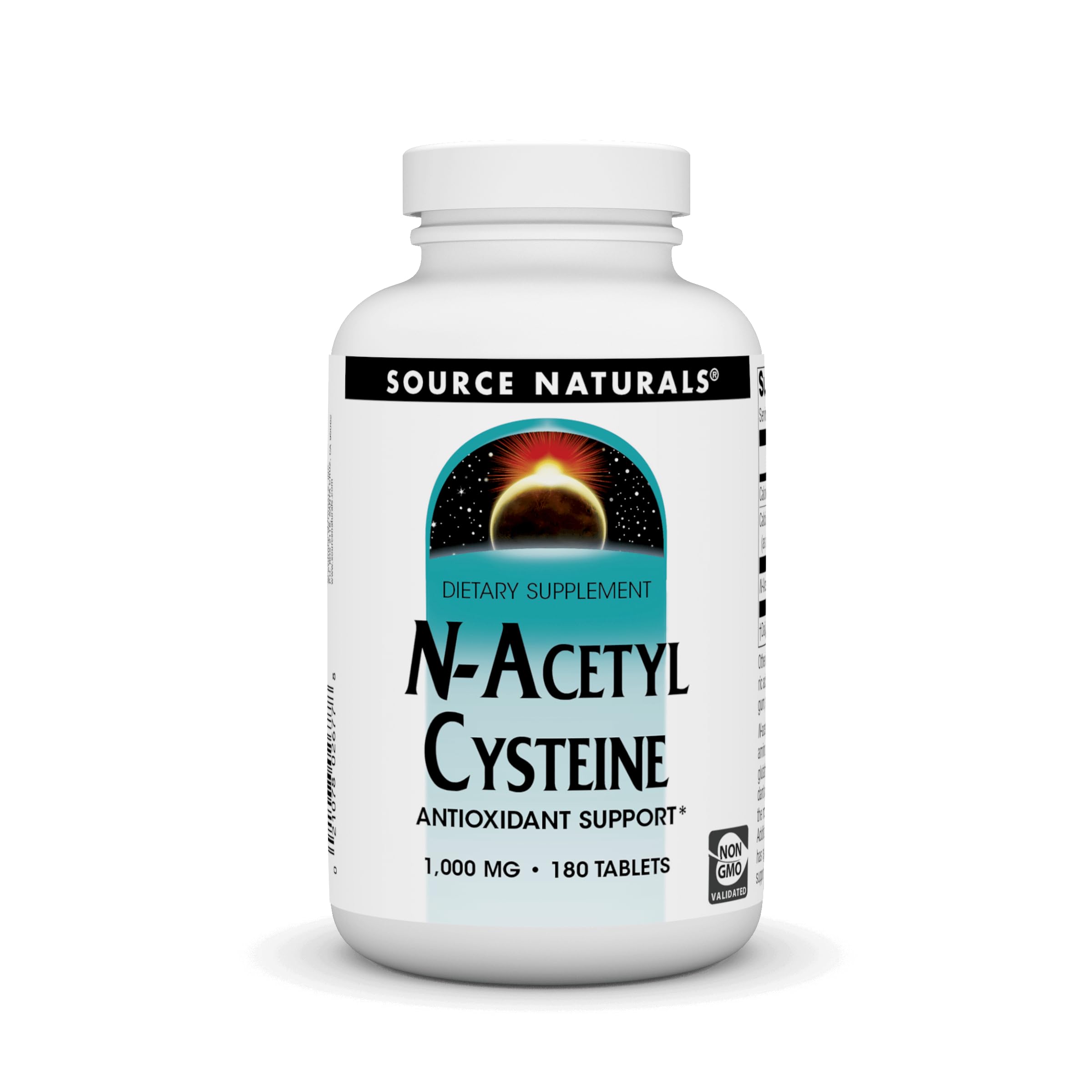 Source Naturals N-Acétyl cystéine, bouteille et tablettes, soutien antioxydant potentiel au quotidien.