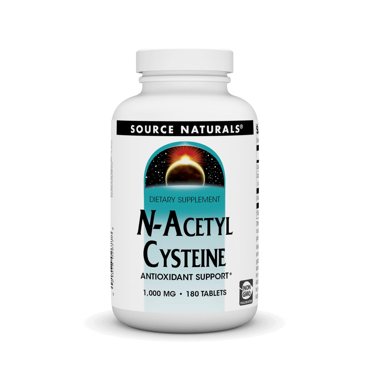 Source Naturals N-Acétyl cystéine, bouteille et tablettes, soutien antioxydant potentiel au quotidien.