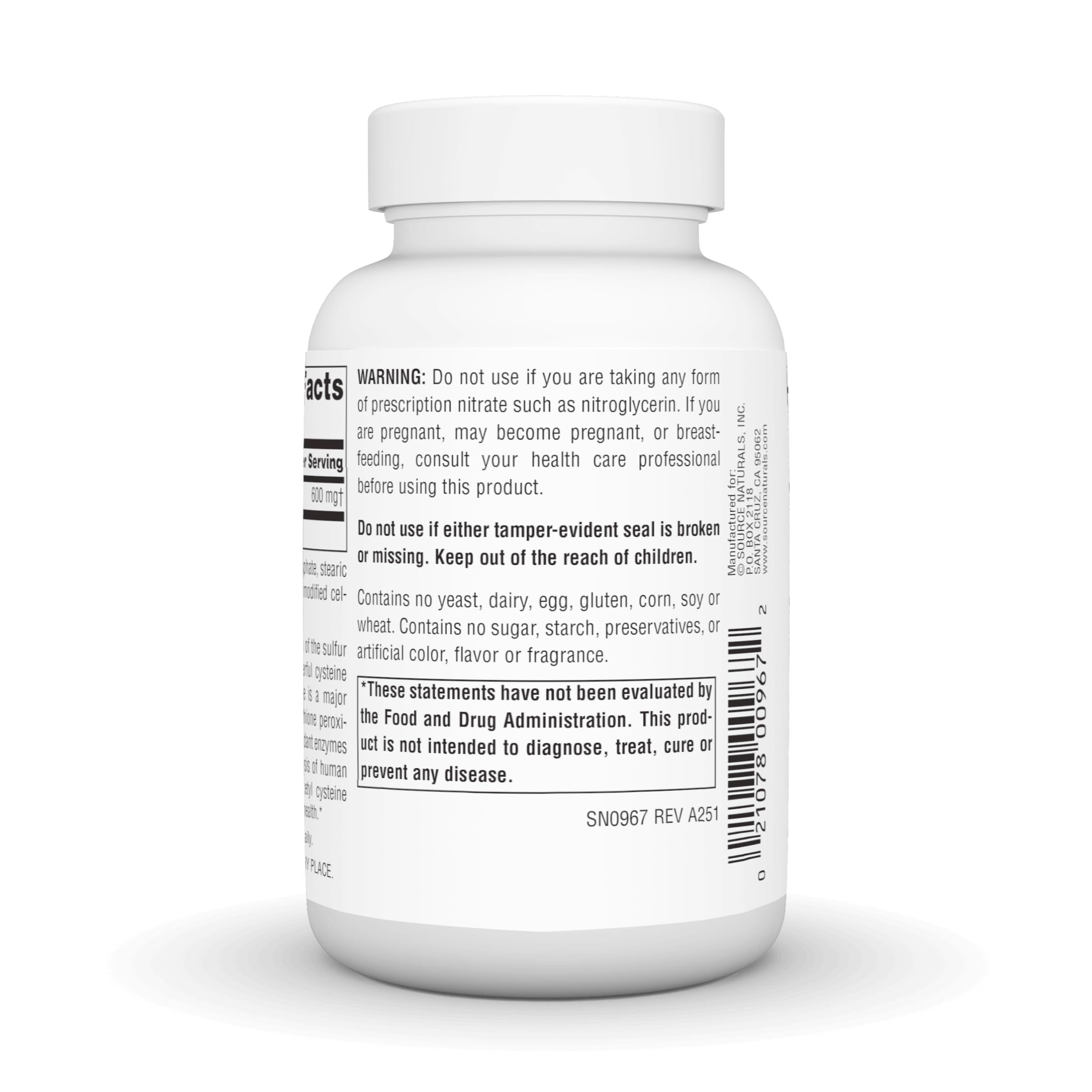 Source Naturals NAC: étiquette montrant glutathion et avantages antioxydants potentiels.
