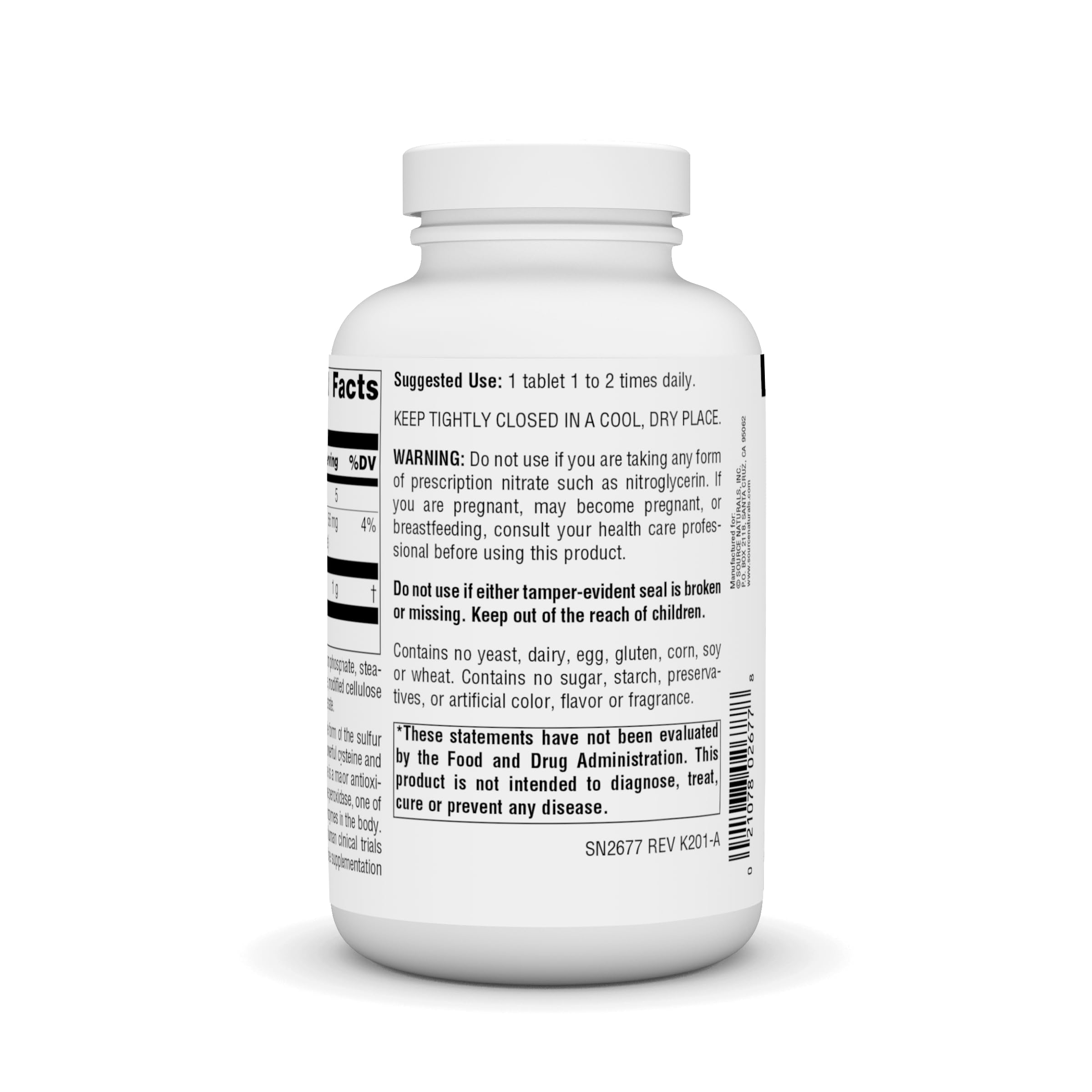 Source Naturals NAC flacon sans allergènes et sans additifs artificiels.